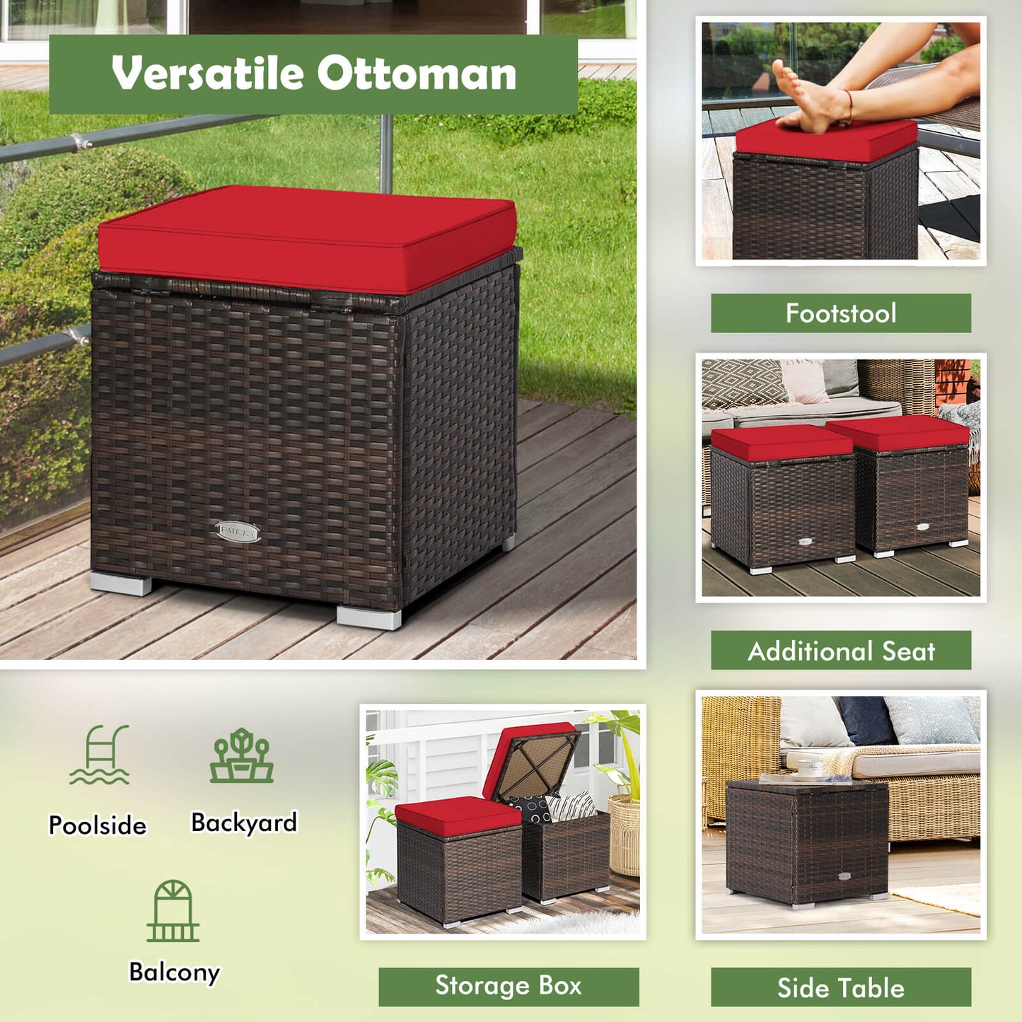 Patio Ottoman Set with Removable Cushions & Storage (2-Piece)