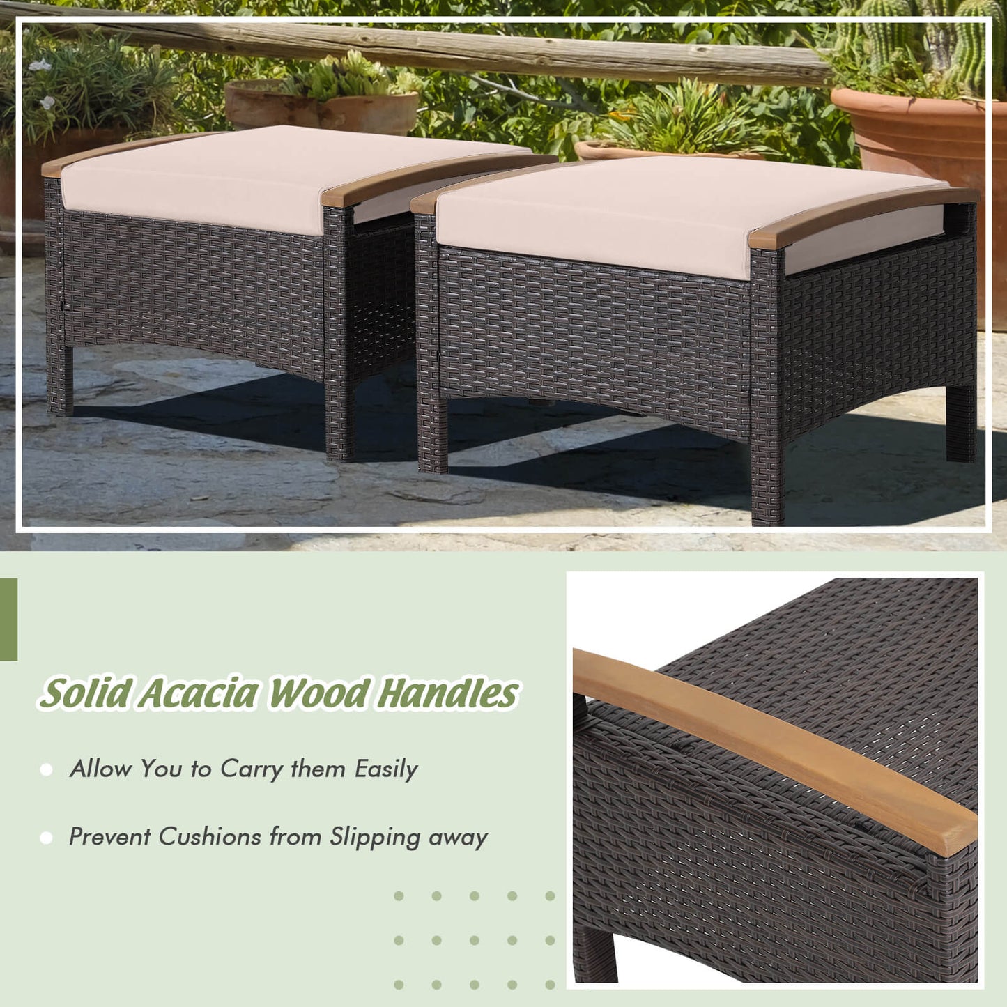 Wicker Patio Ottoman Set of 2 with Cushions - Mix Brown