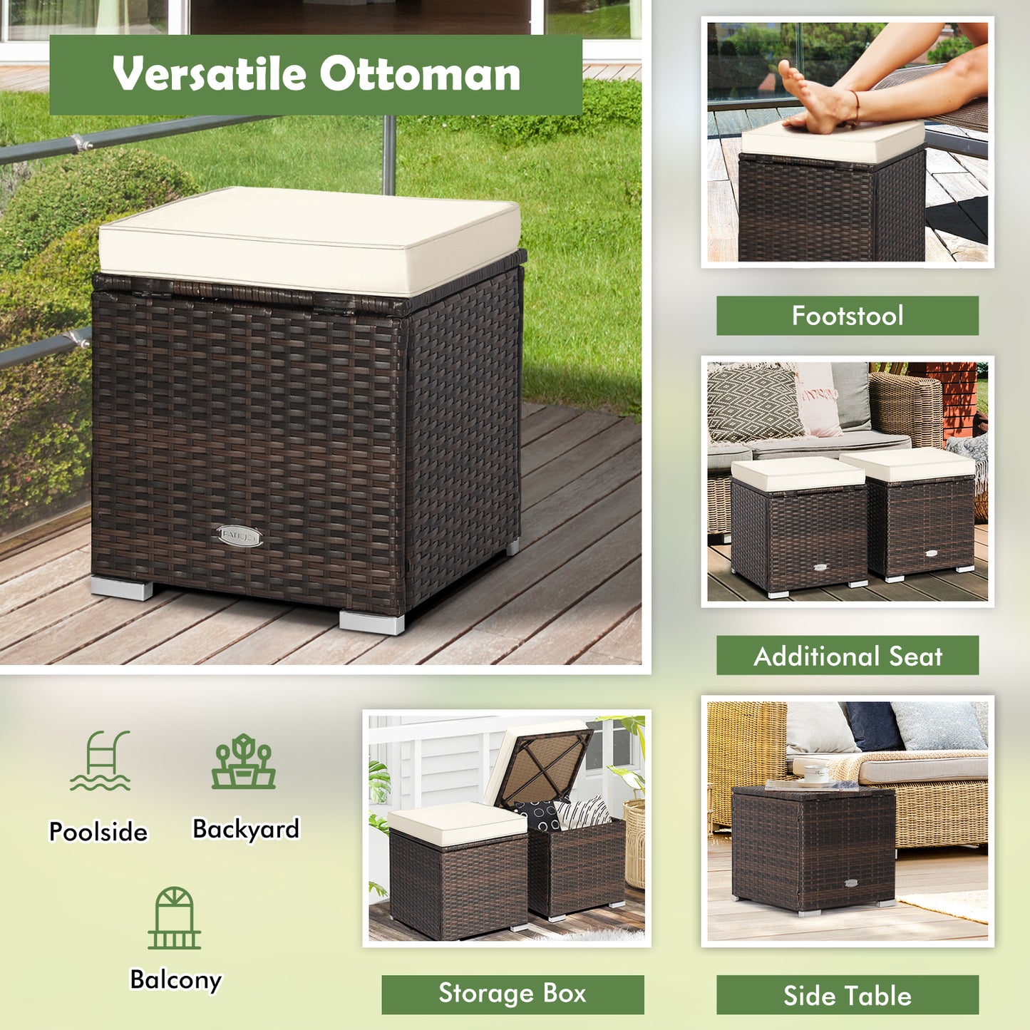 Patio Ottoman Set with Removable Cushions & Storage (2-Piece)