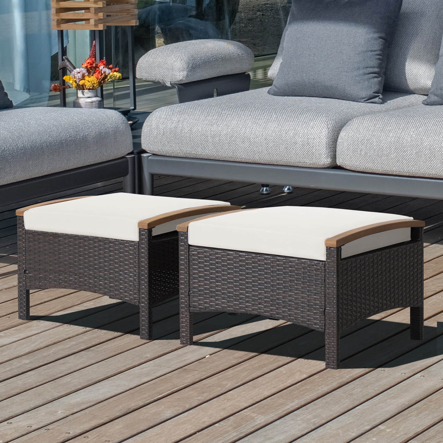 Wicker Patio Ottoman Set of 2 with Cushions - Mix Brown