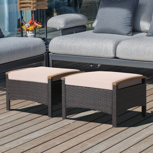 Wicker Patio Ottoman Set of 2 with Cushions - Mix Brown