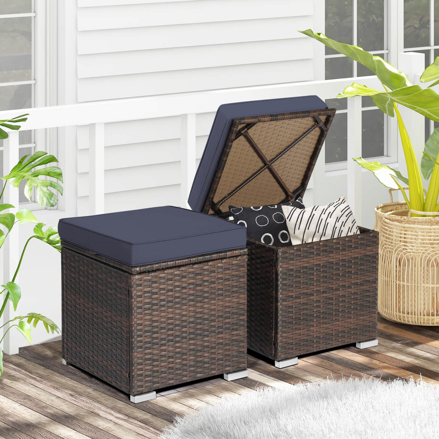 Patio Ottoman Set with Removable Cushions & Storage (2-Piece)