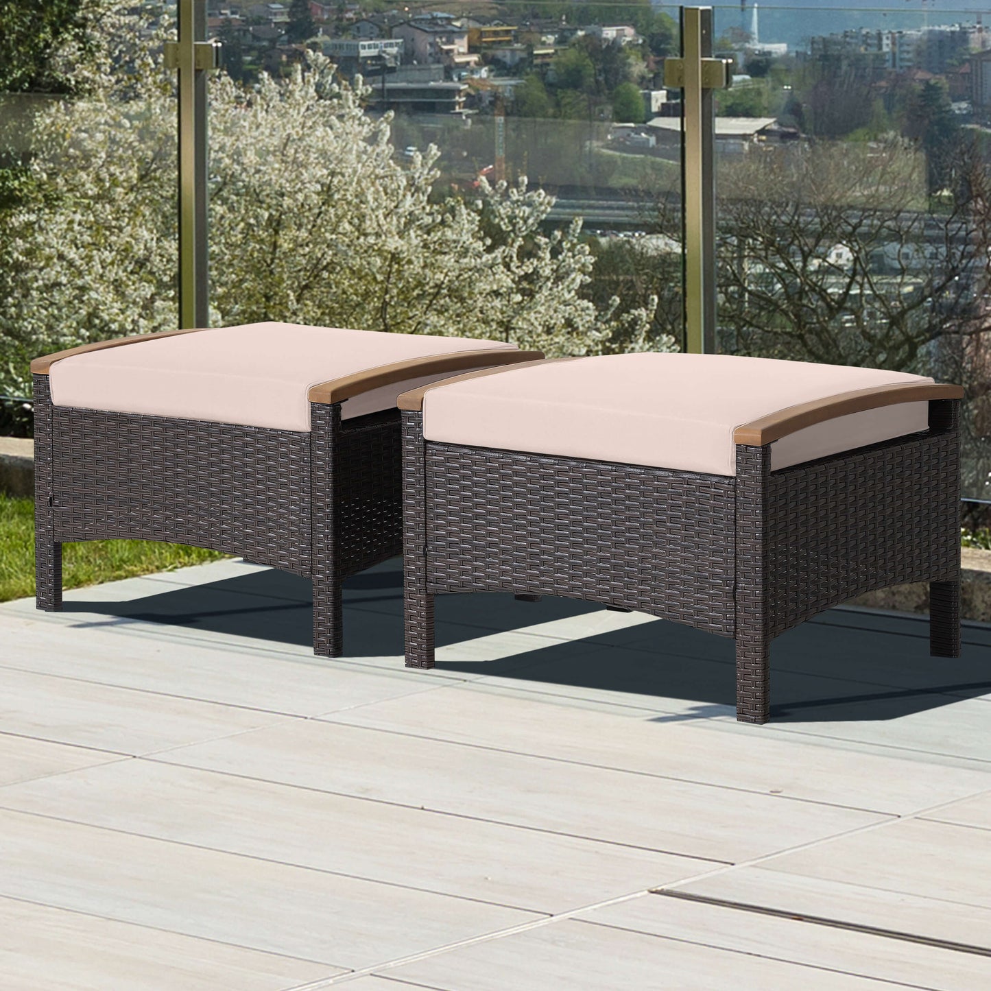 Wicker Patio Ottoman Set of 2 with Cushions - Mix Brown
