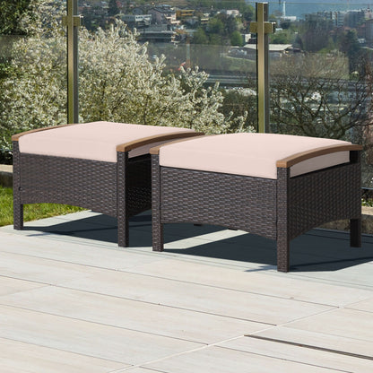 Wicker Patio Ottoman Set of 2 with Cushions - Mix Brown
