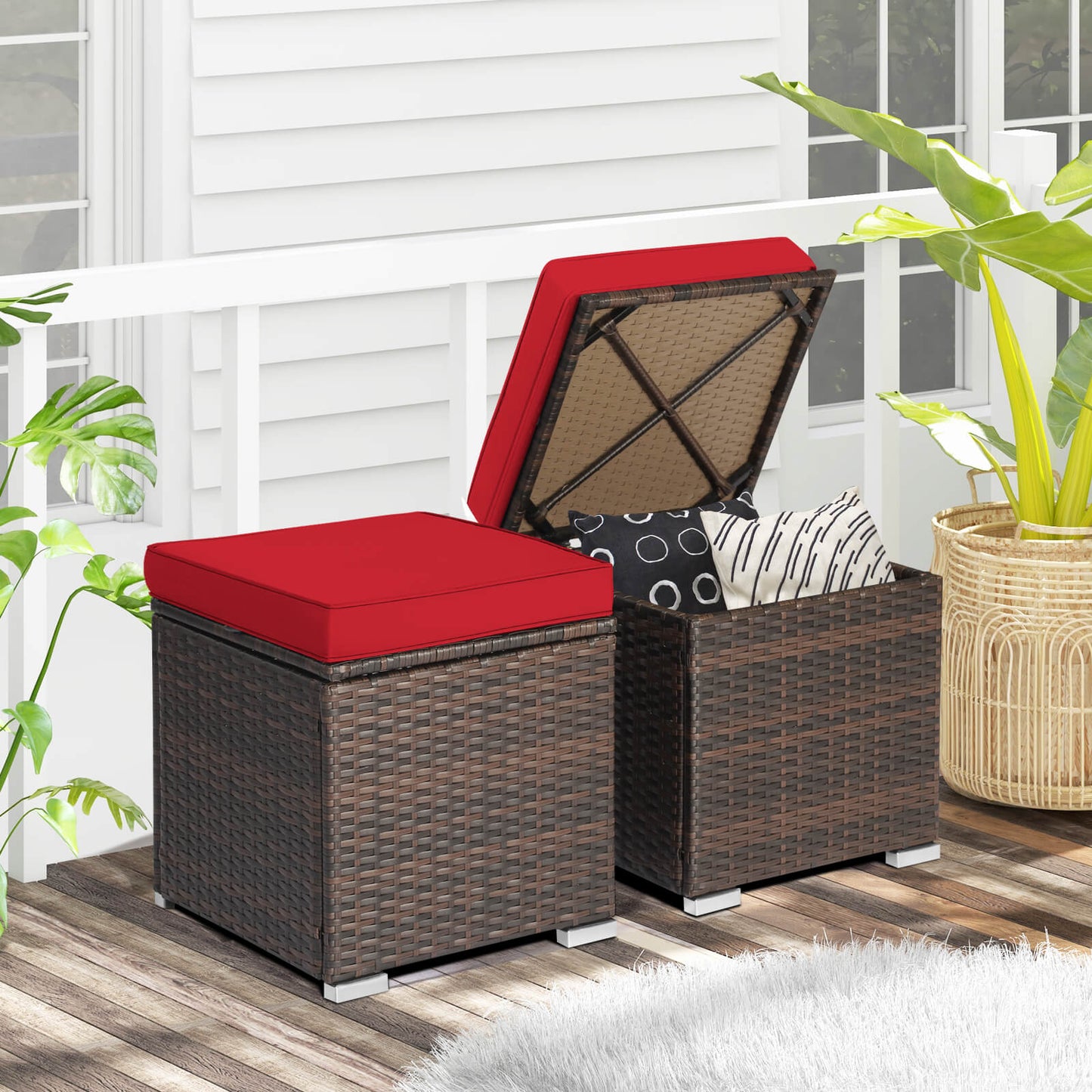 Patio Ottoman Set with Removable Cushions & Storage (2-Piece)