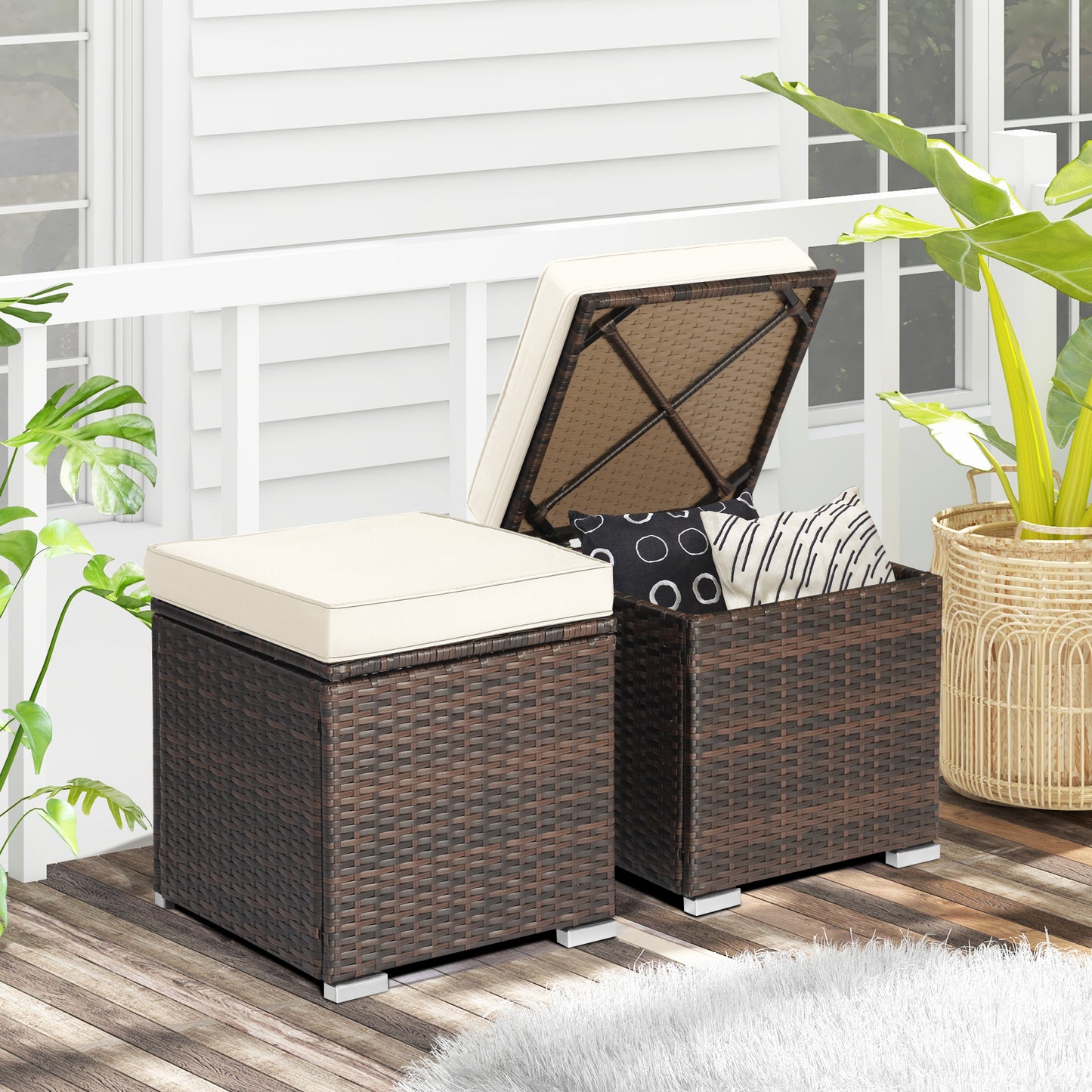Patio Ottoman Set with Removable Cushions & Storage (2-Piece)