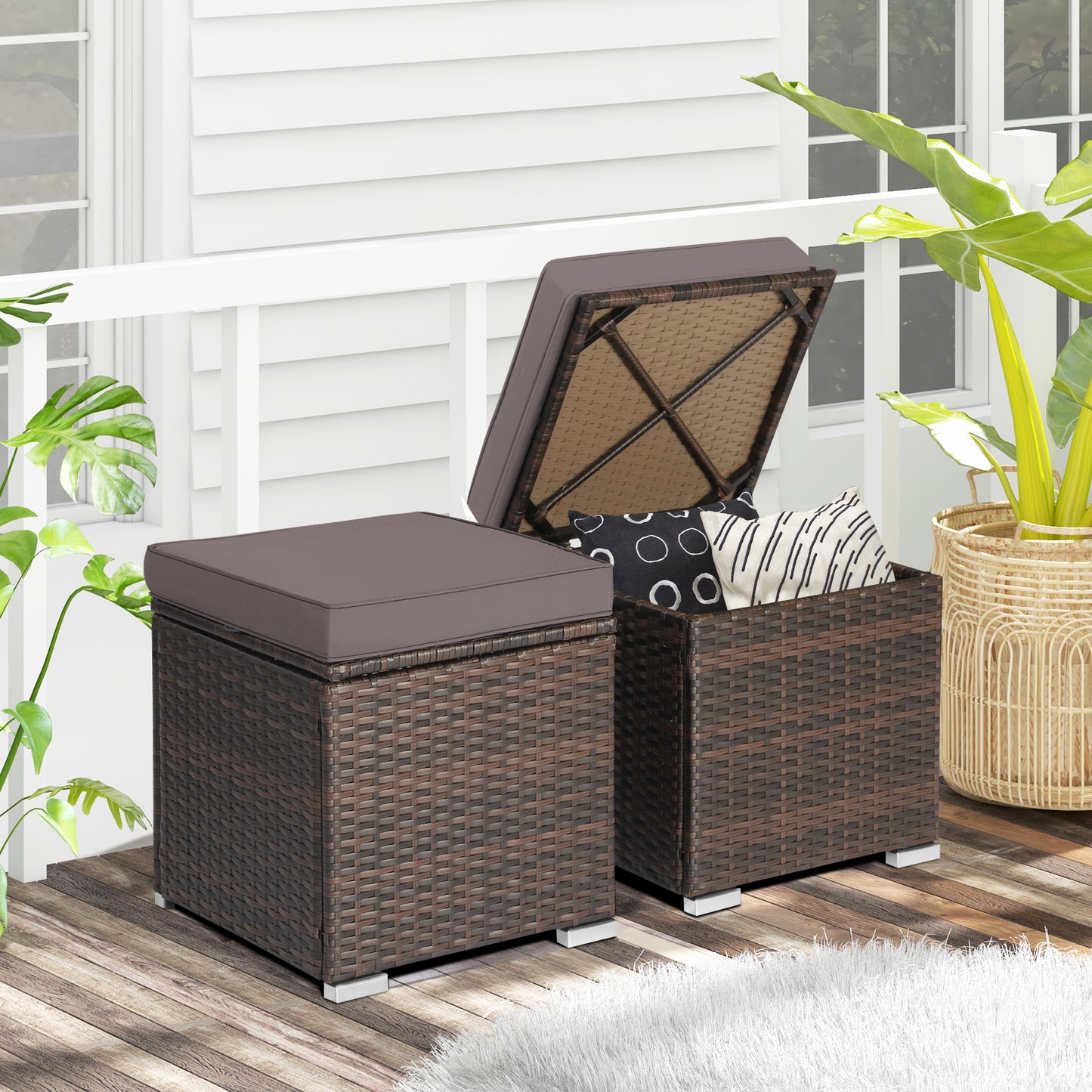 Patio Ottoman Set with Removable Cushions & Storage (2-Piece)