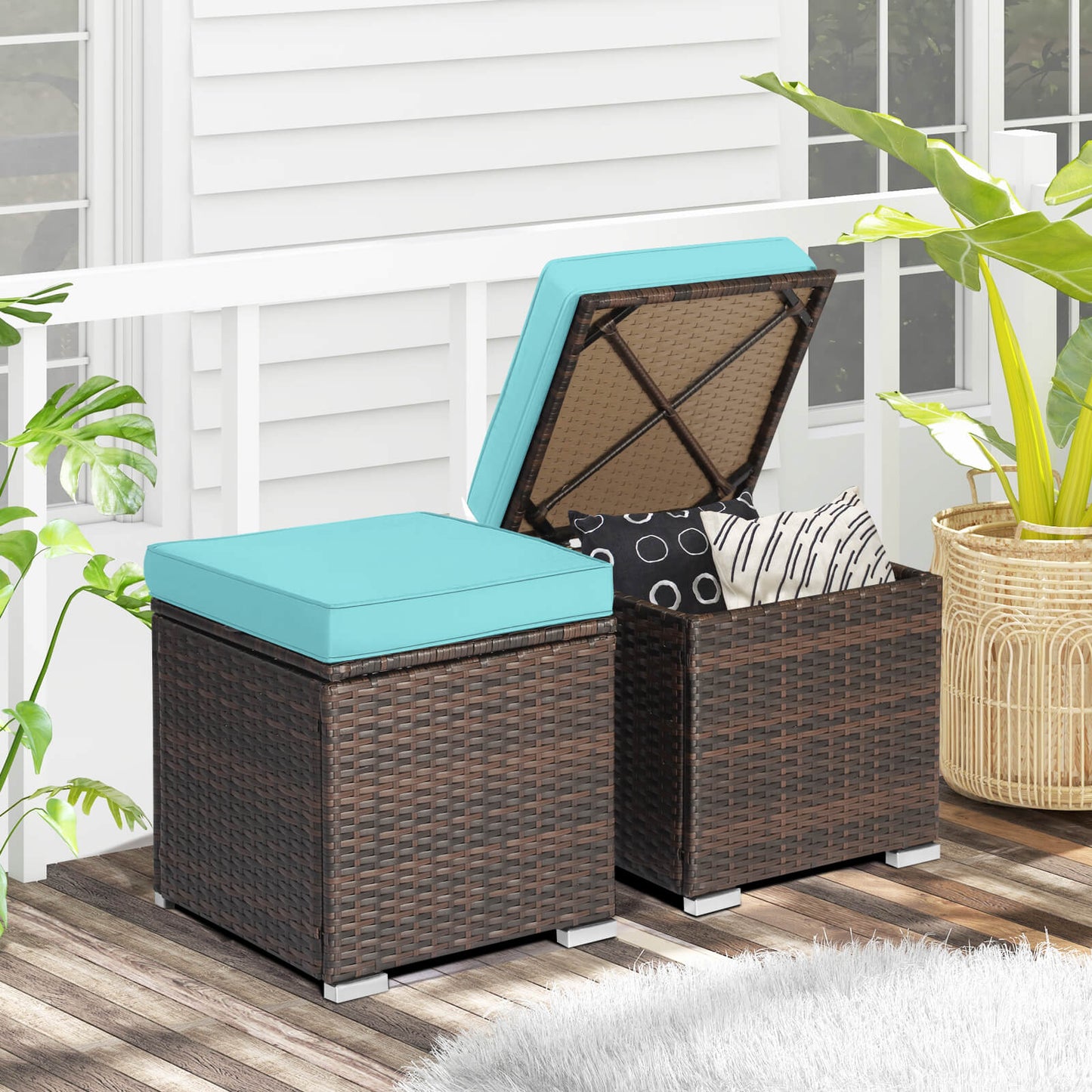 Patio Ottoman Set with Removable Cushions & Storage (2-Piece)