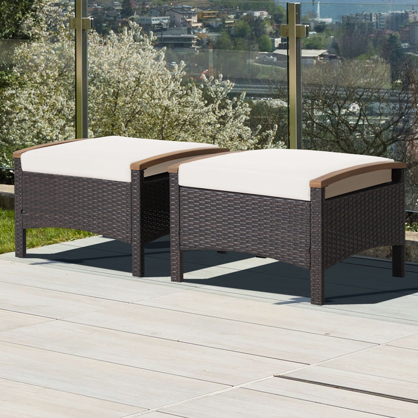 Wicker Patio Ottoman Set of 2 with Cushions - Mix Brown