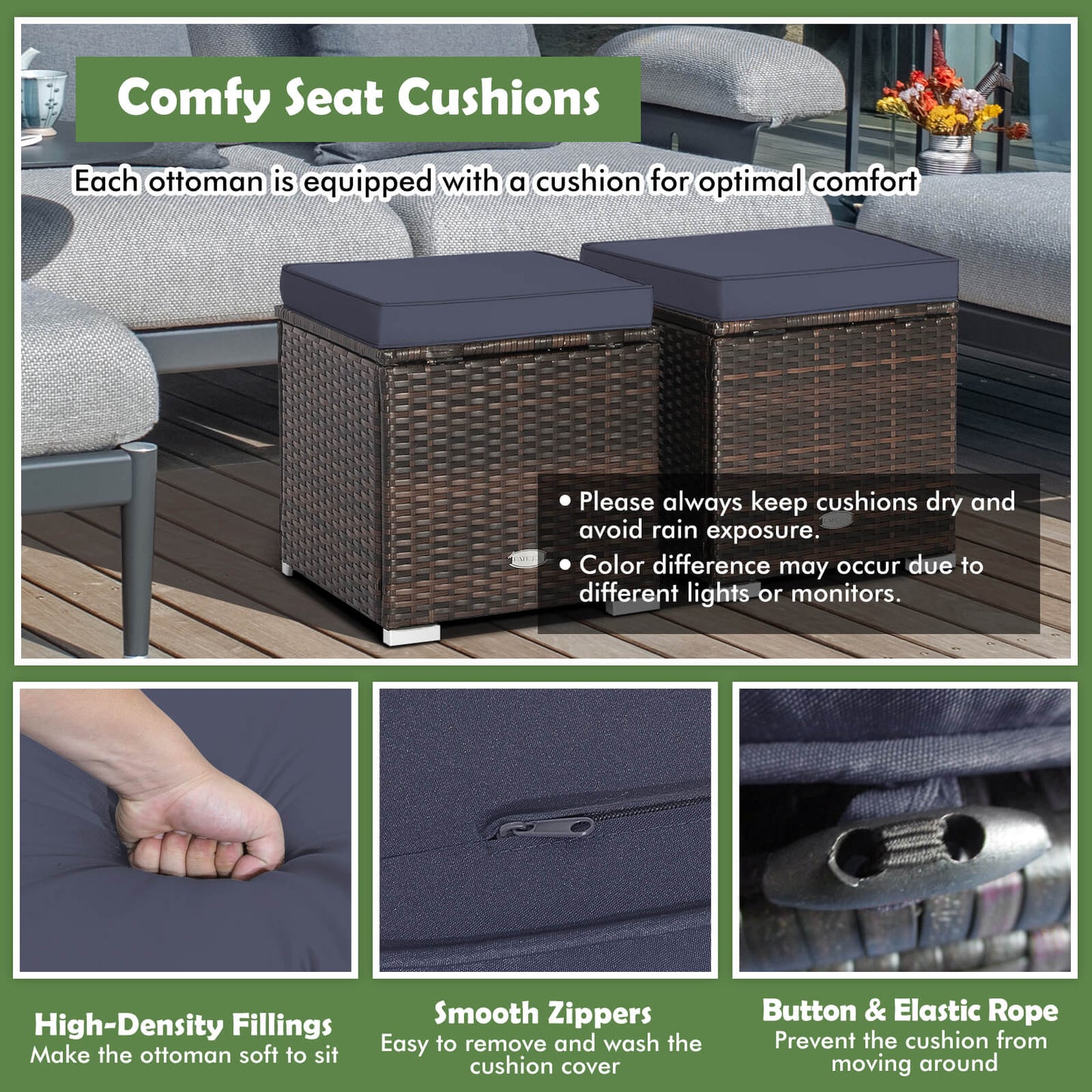 Patio Ottoman Set with Removable Cushions & Storage (2-Piece)