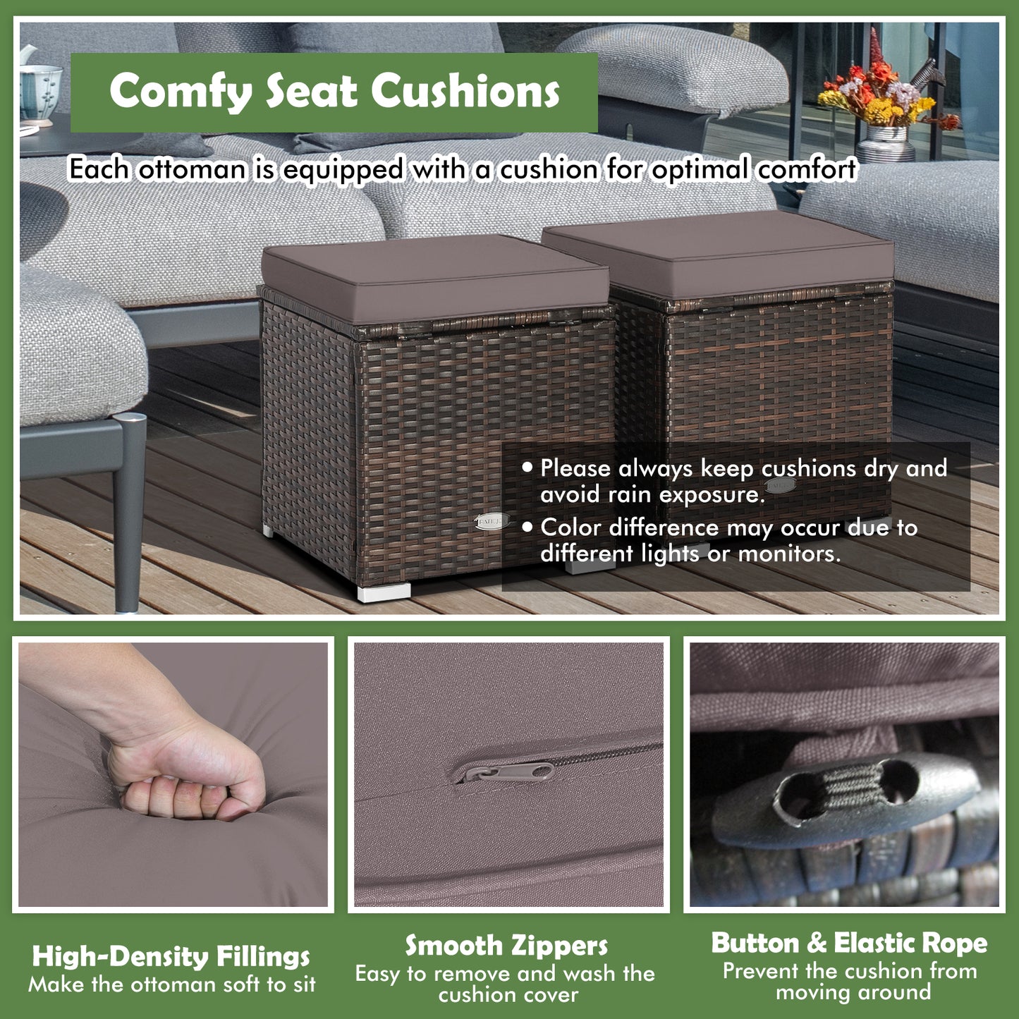 Patio Ottoman Set with Removable Cushions & Storage (2-Piece)