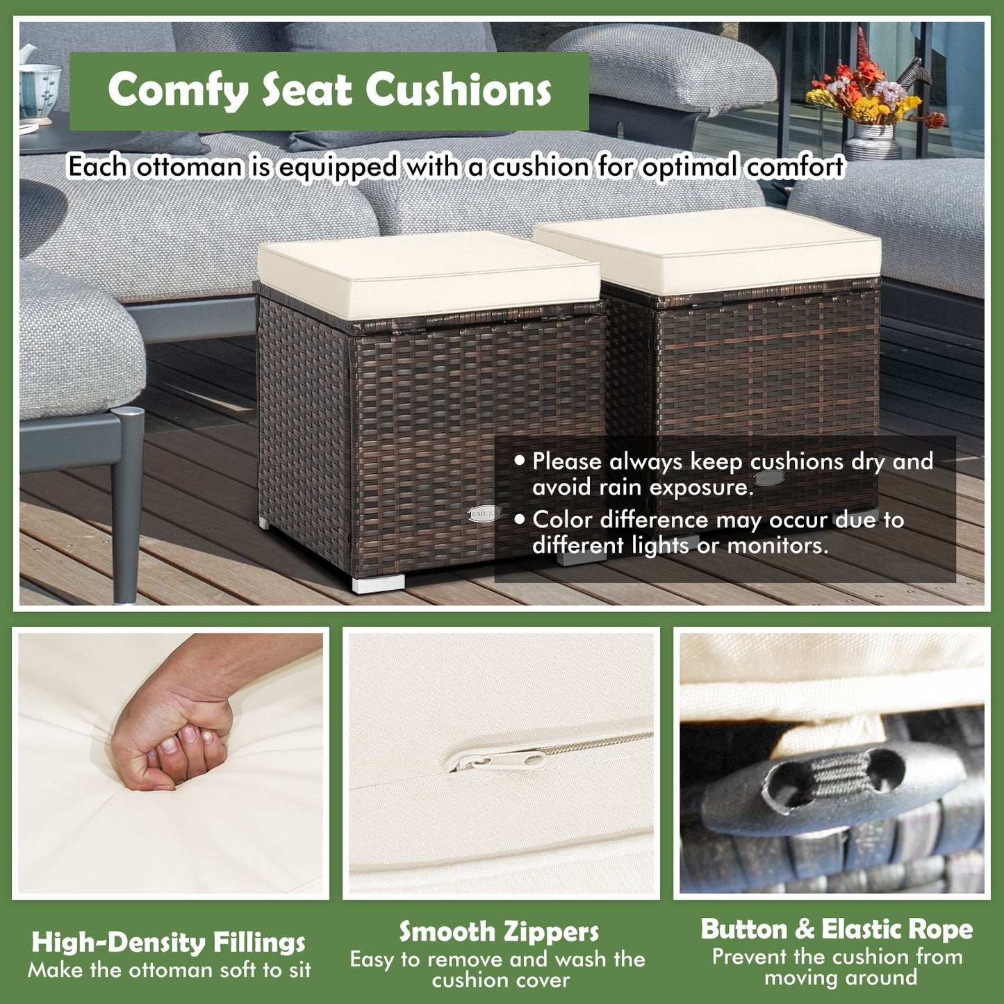 Patio Ottoman Set with Removable Cushions & Storage (2-Piece)
