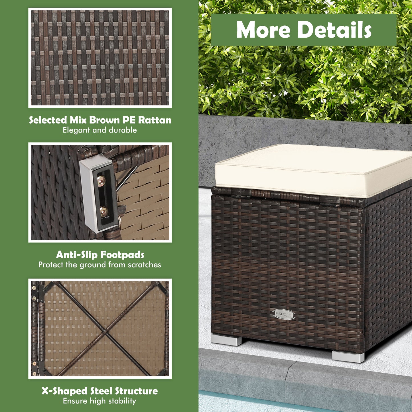 Patio Ottoman Set with Removable Cushions & Storage (2-Piece)