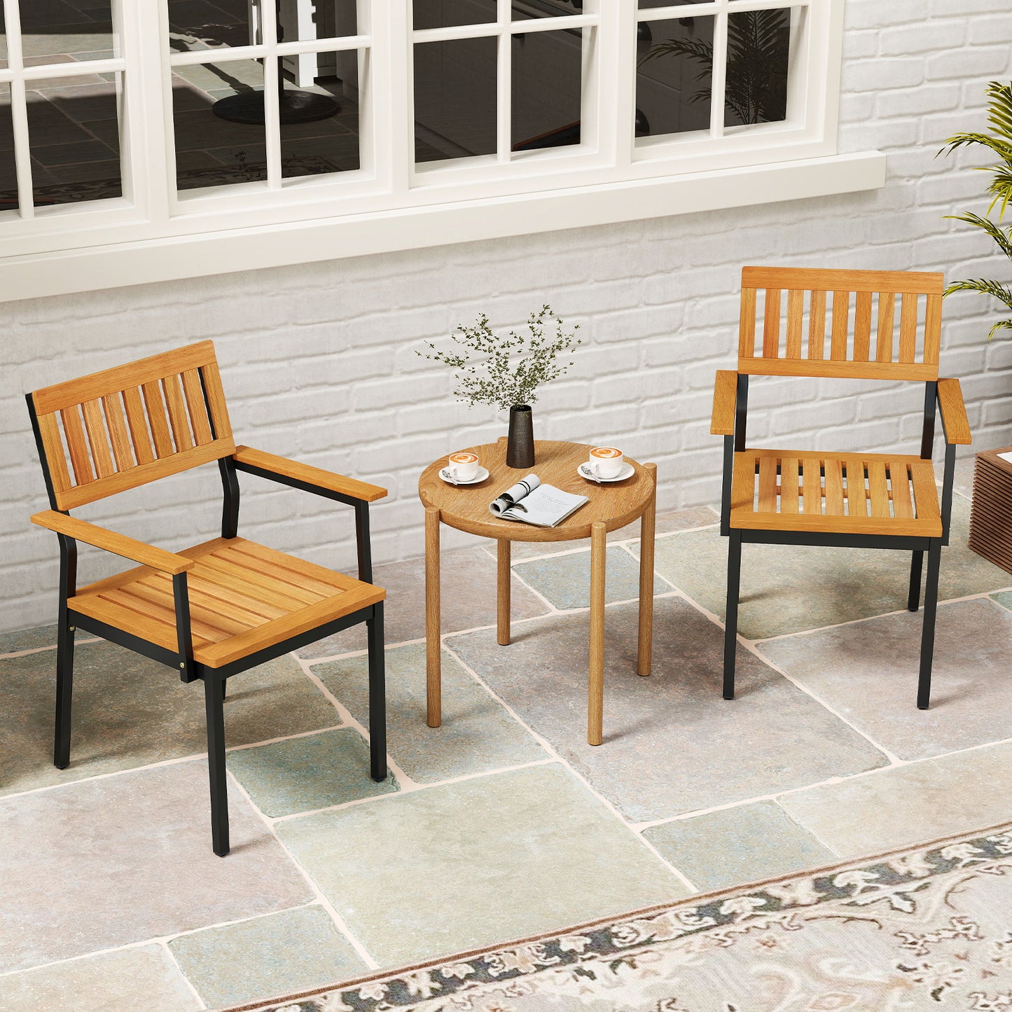 Acacia Wood Patio Dining Chairs Set of 2 with Metal Frame