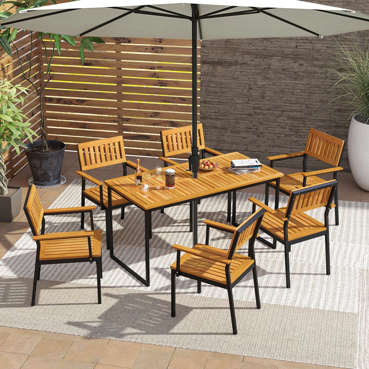 Acacia Wood Patio Dining Chairs Set of 2 with Metal Frame