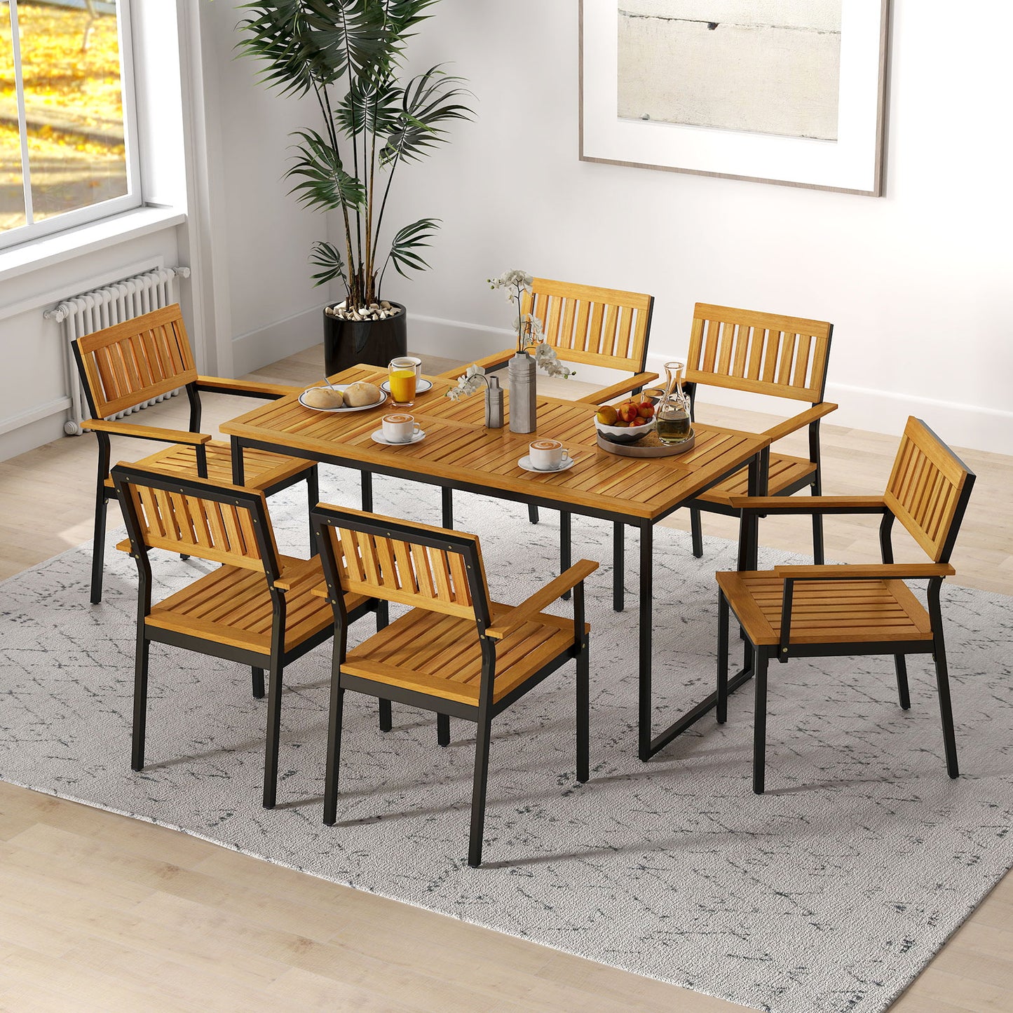 Acacia Wood Patio Dining Chairs Set of 2 with Metal Frame
