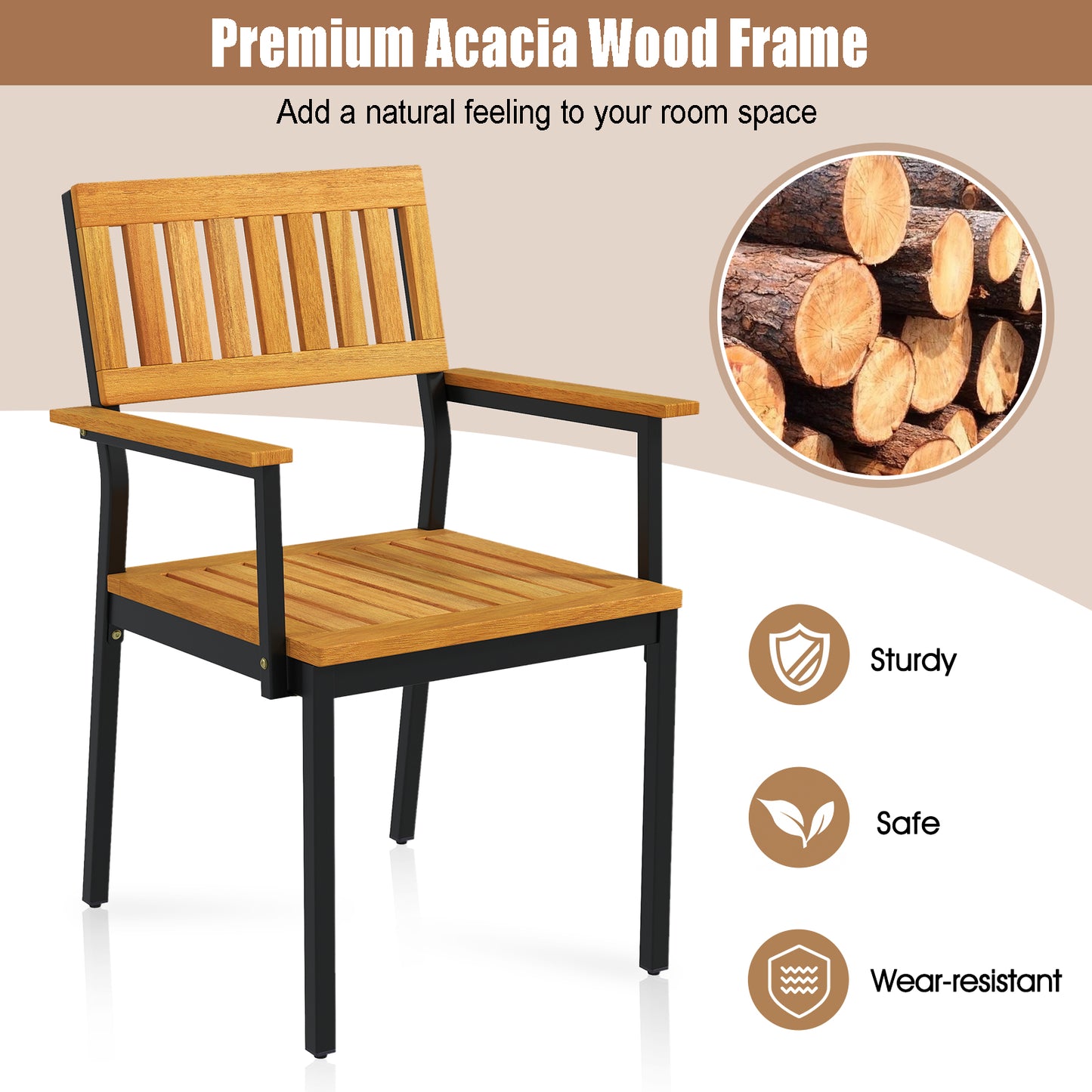 Acacia Wood Patio Dining Chairs Set of 2 with Metal Frame
