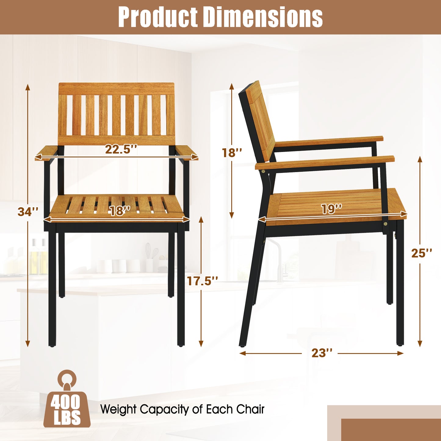Acacia Wood Patio Dining Chairs Set of 2 with Metal Frame