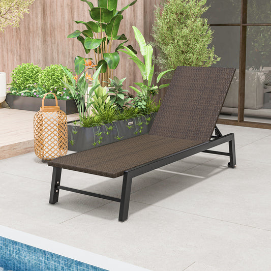 PE Rattan Chaise Lounge with Adjustable Backrest and Wheels