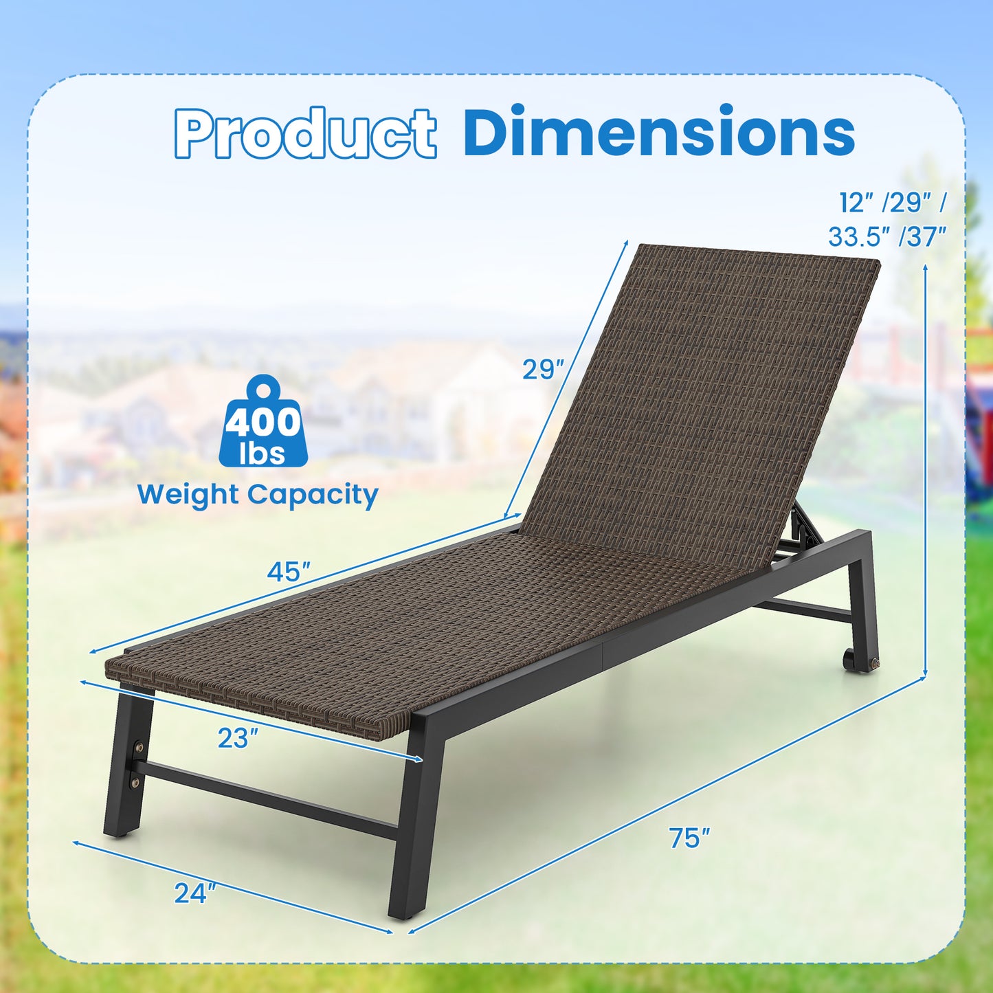 PE Rattan Chaise Lounge with Adjustable Backrest and Wheels