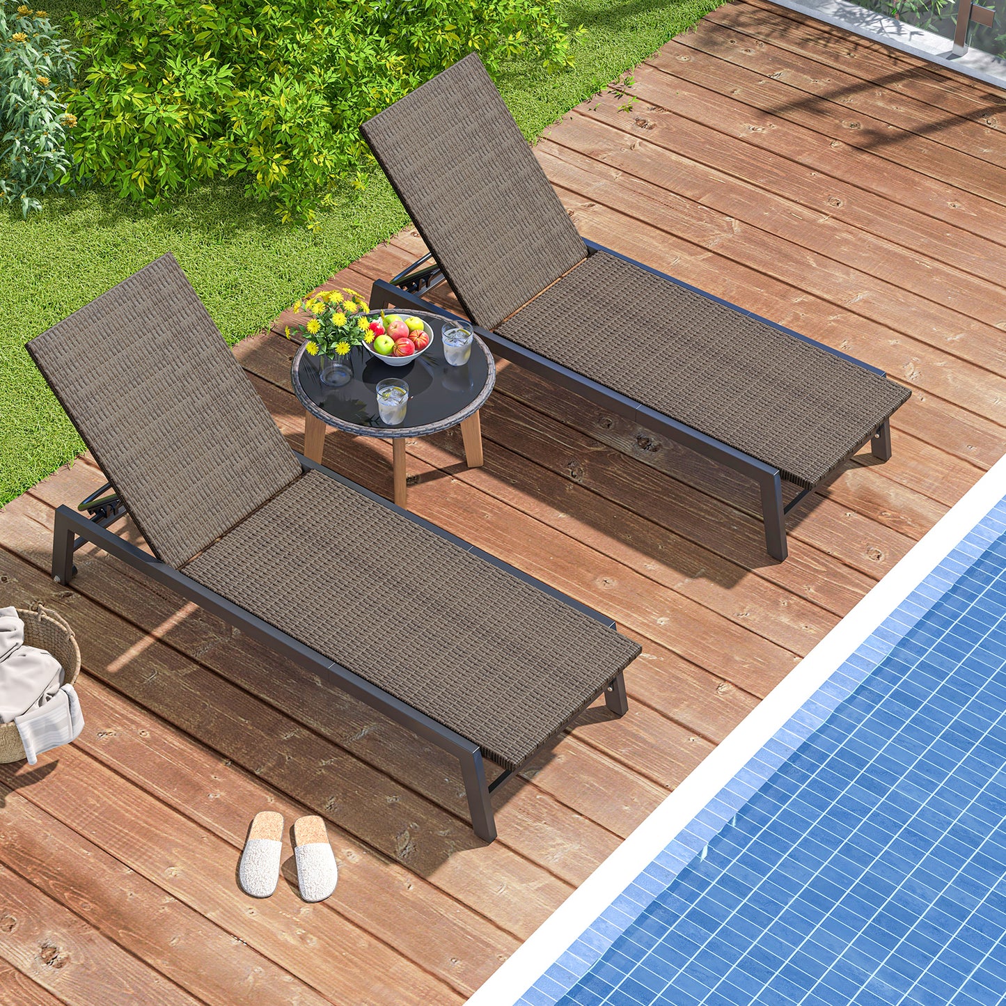PE Rattan Chaise Lounge with Adjustable Backrest and Wheels