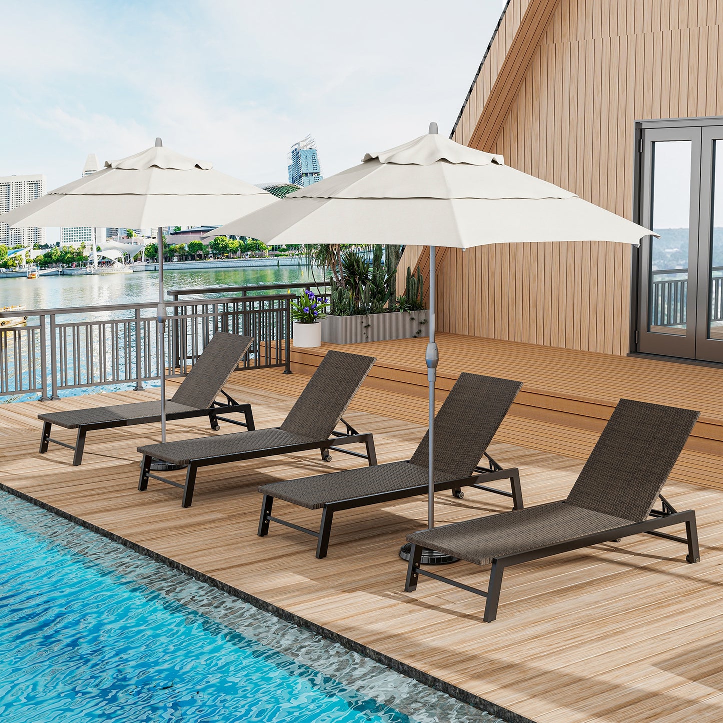 PE Rattan Chaise Lounge with Adjustable Backrest and Wheels