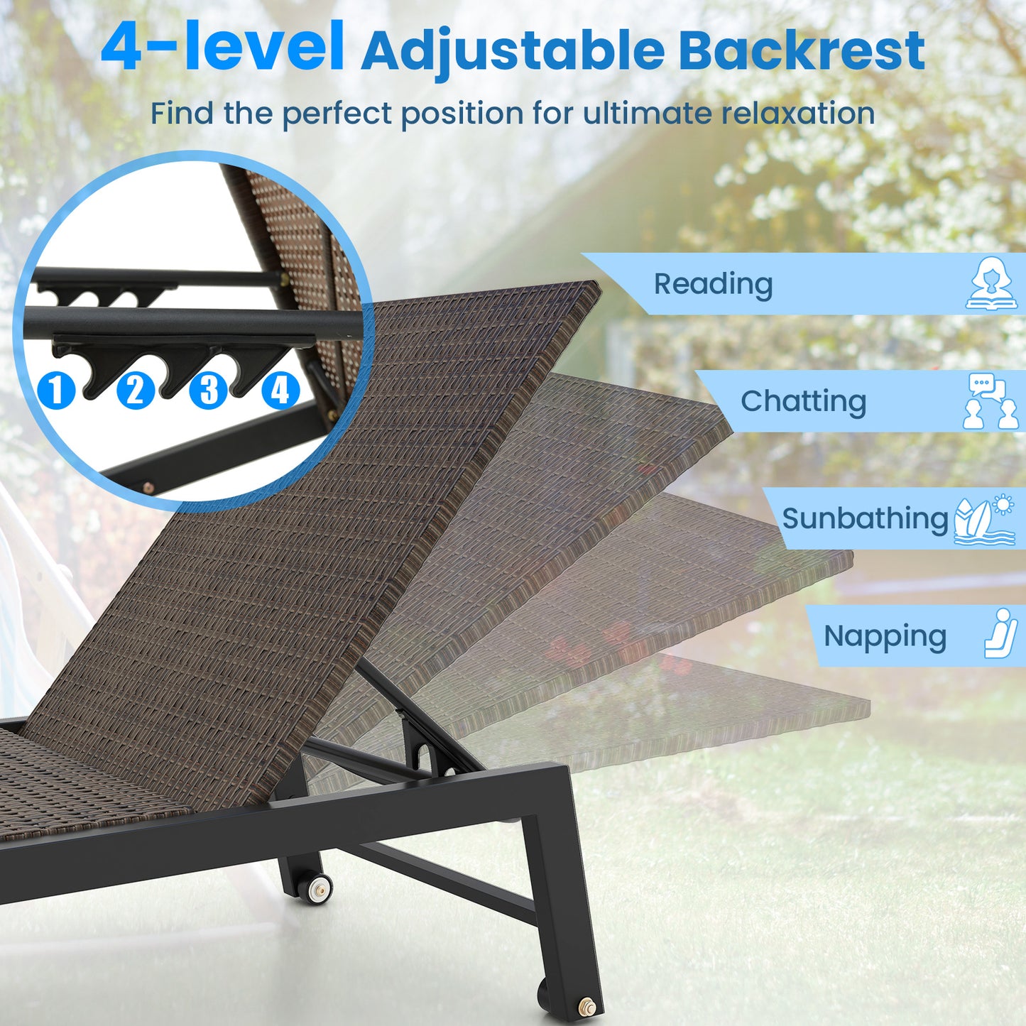 PE Rattan Chaise Lounge with Adjustable Backrest and Wheels