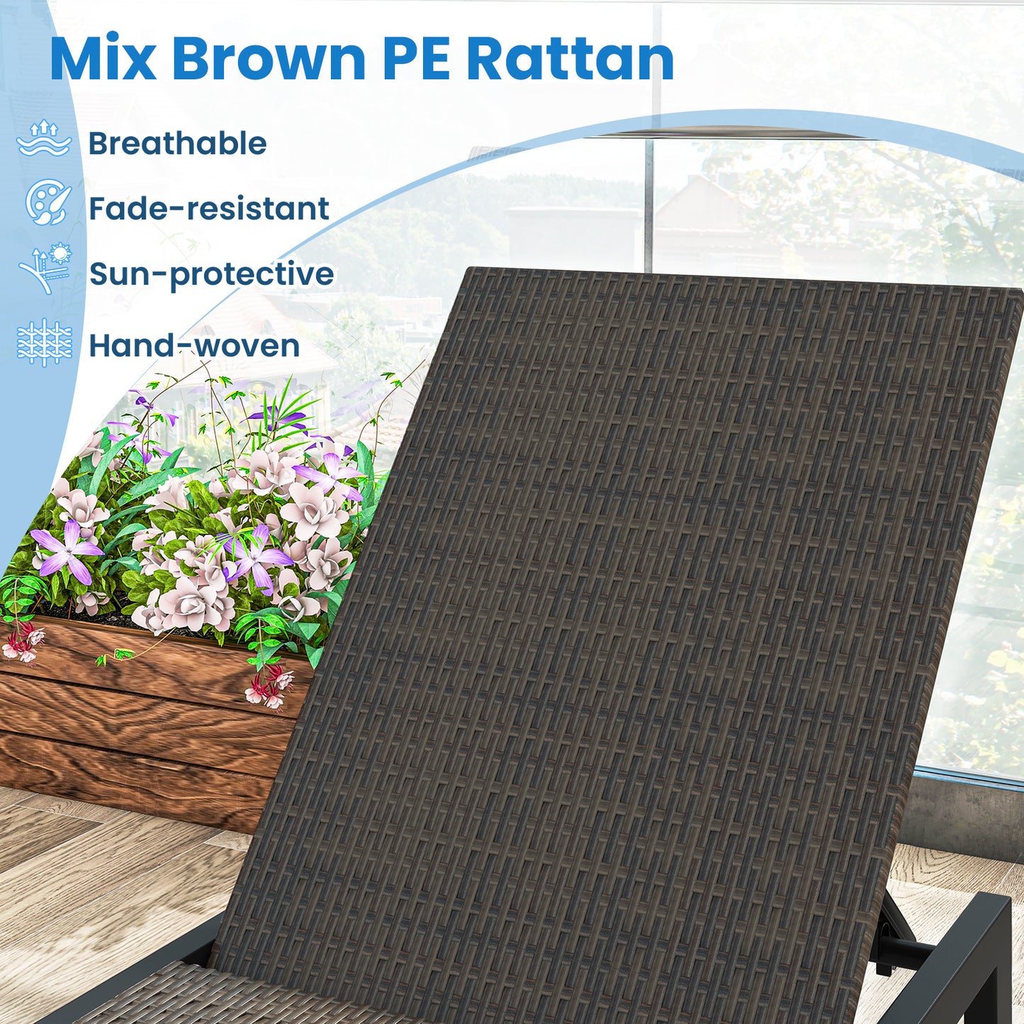PE Rattan Chaise Lounge with Adjustable Backrest and Wheels
