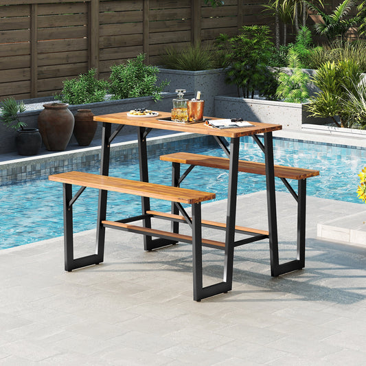 Patio Picnic Table Bench Set with Acacia Wood Tabletop and Benchtop