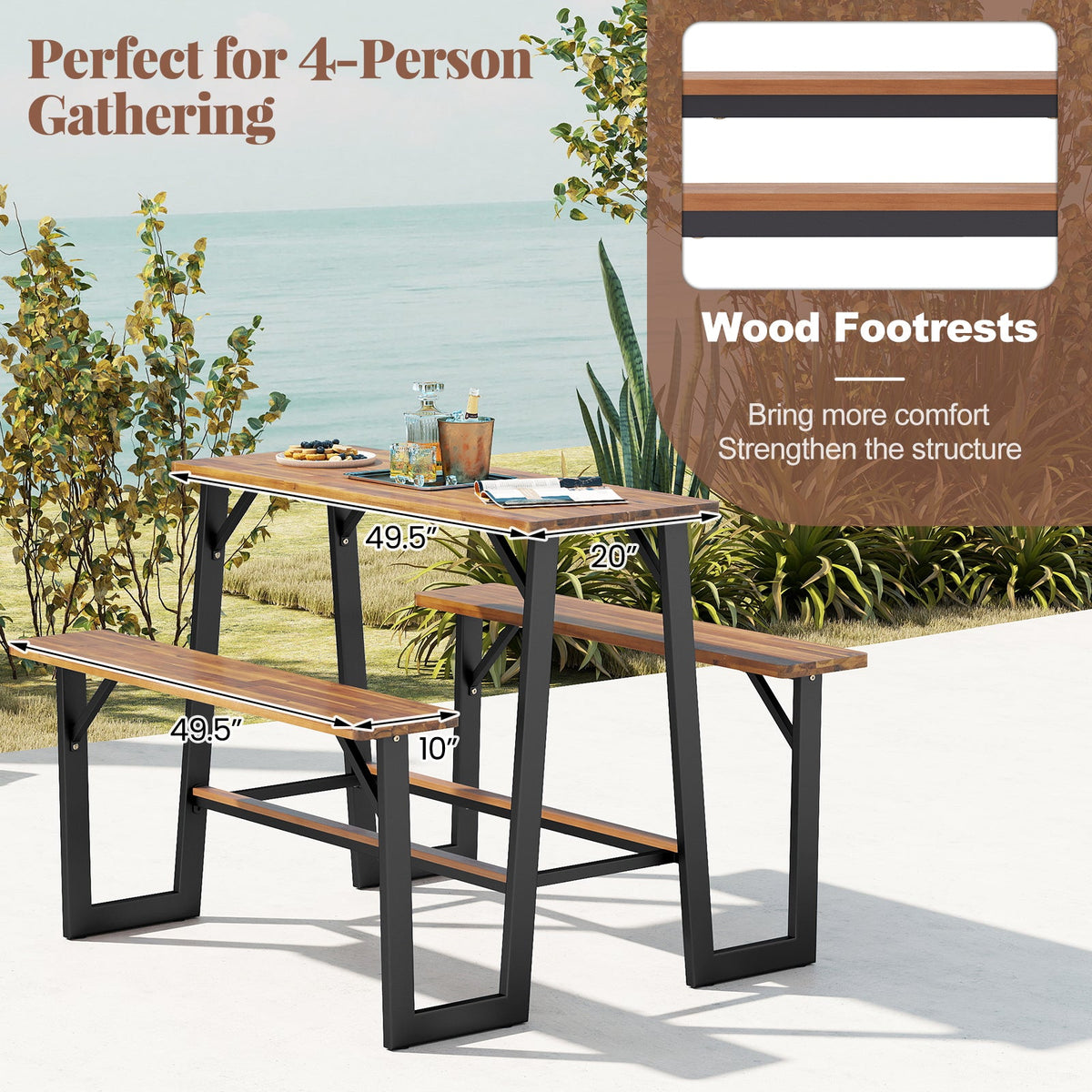 Patio Picnic Table Bench Set with Acacia Wood Tabletop and Benchtop