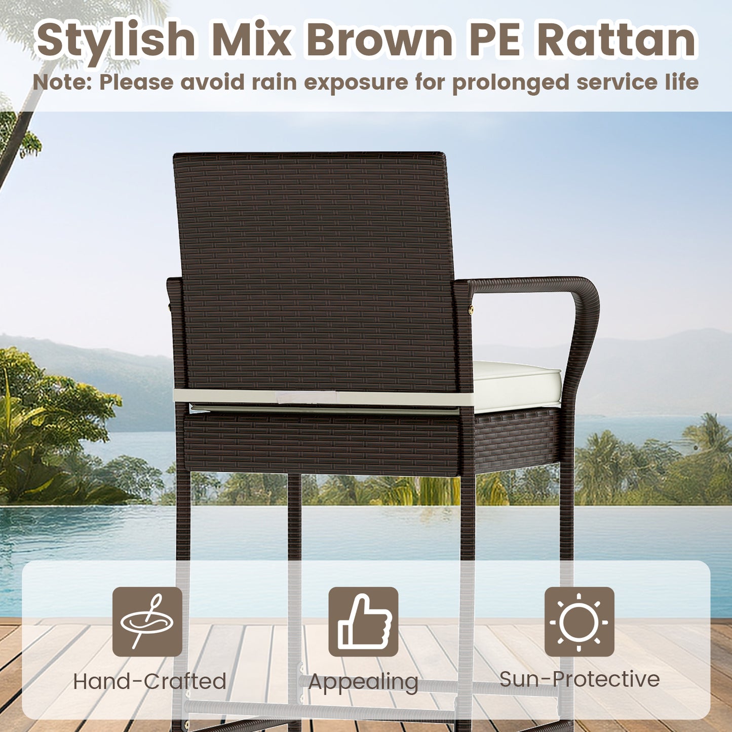 Rattan Bar Height Table and Chairs Set with Cushions