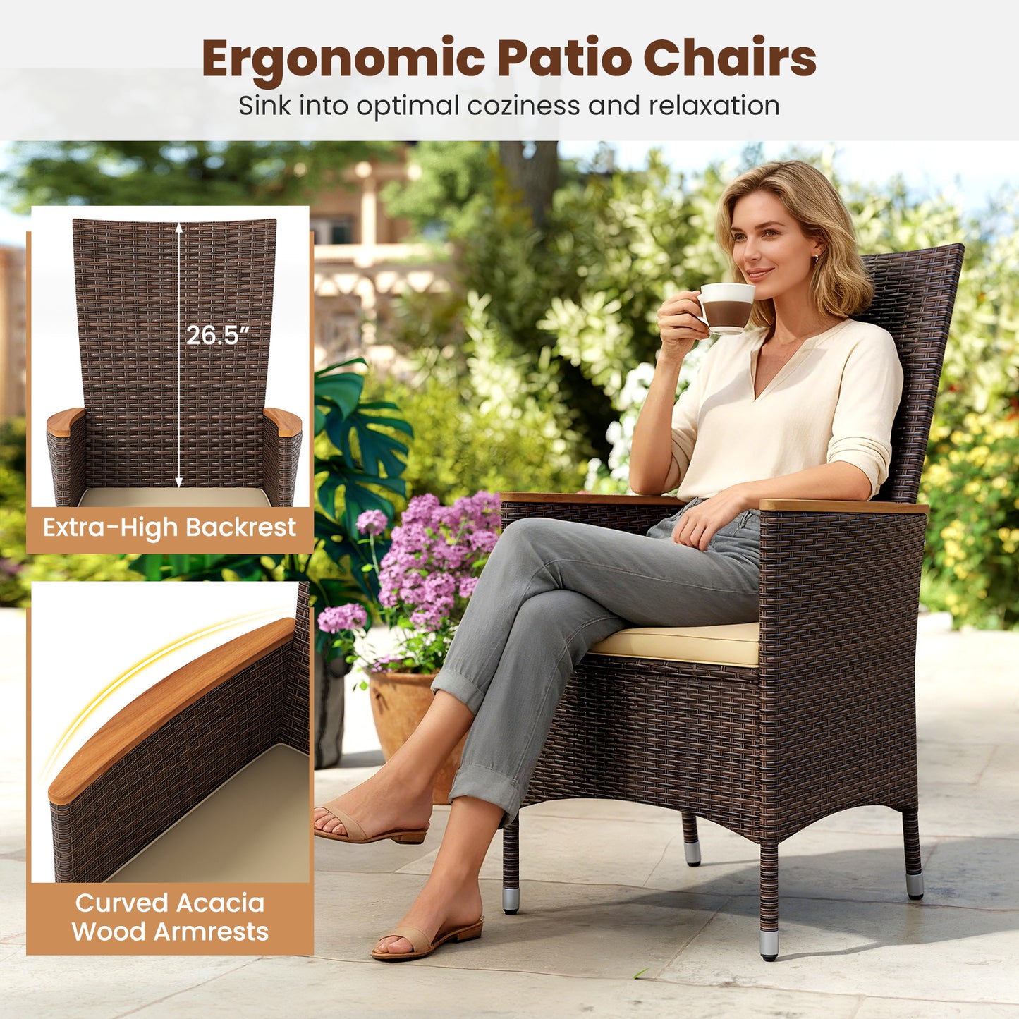 Outdoor Wicker Dining Chairs Set of 2 with High Backrest
