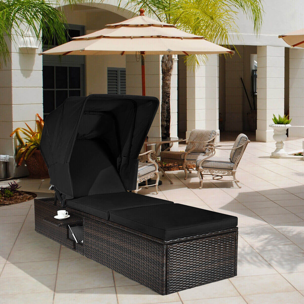 Outdoor Chaise Lounge with Canopy and Cushion