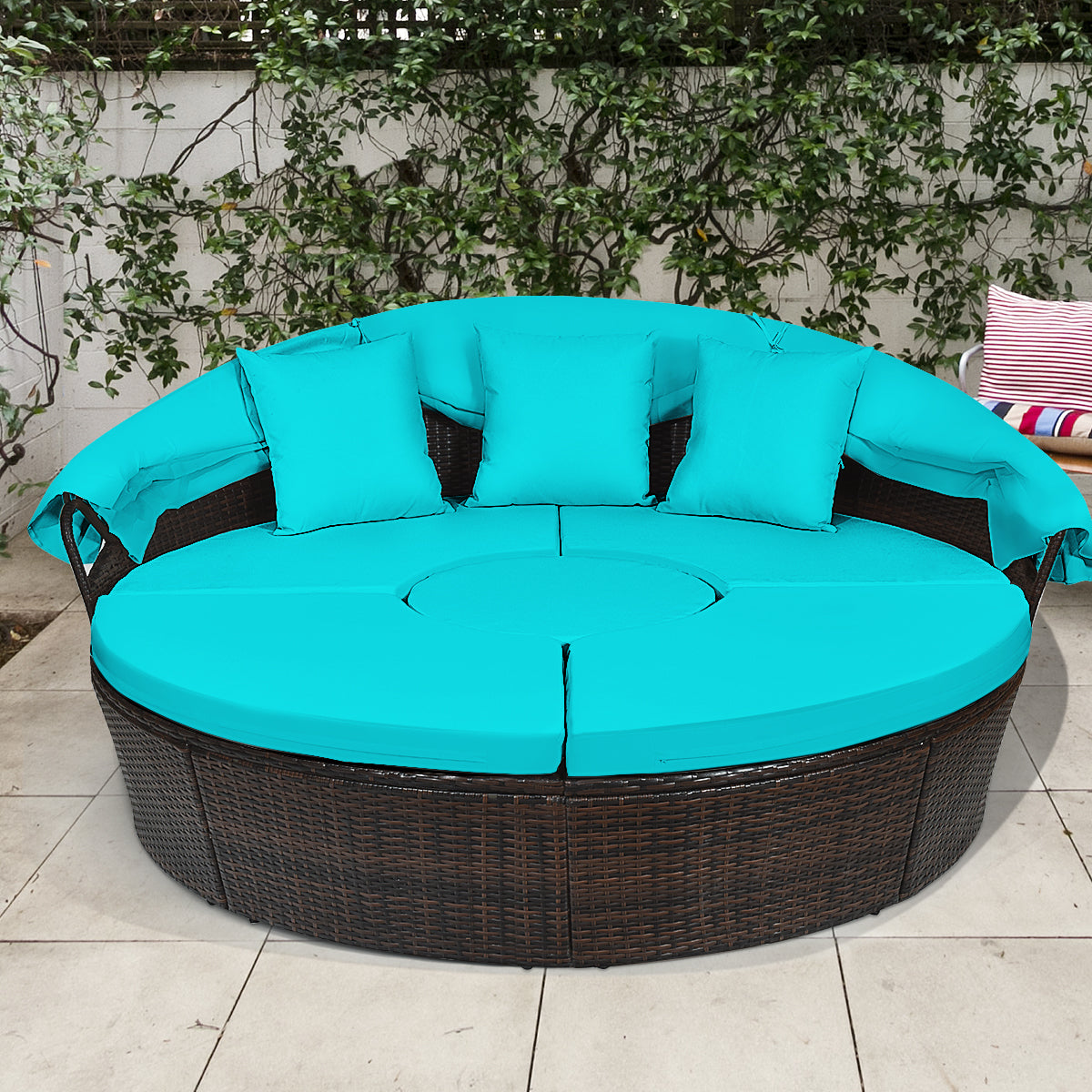 Patio Round Daybed Rattan Furniture Sets with Canopy