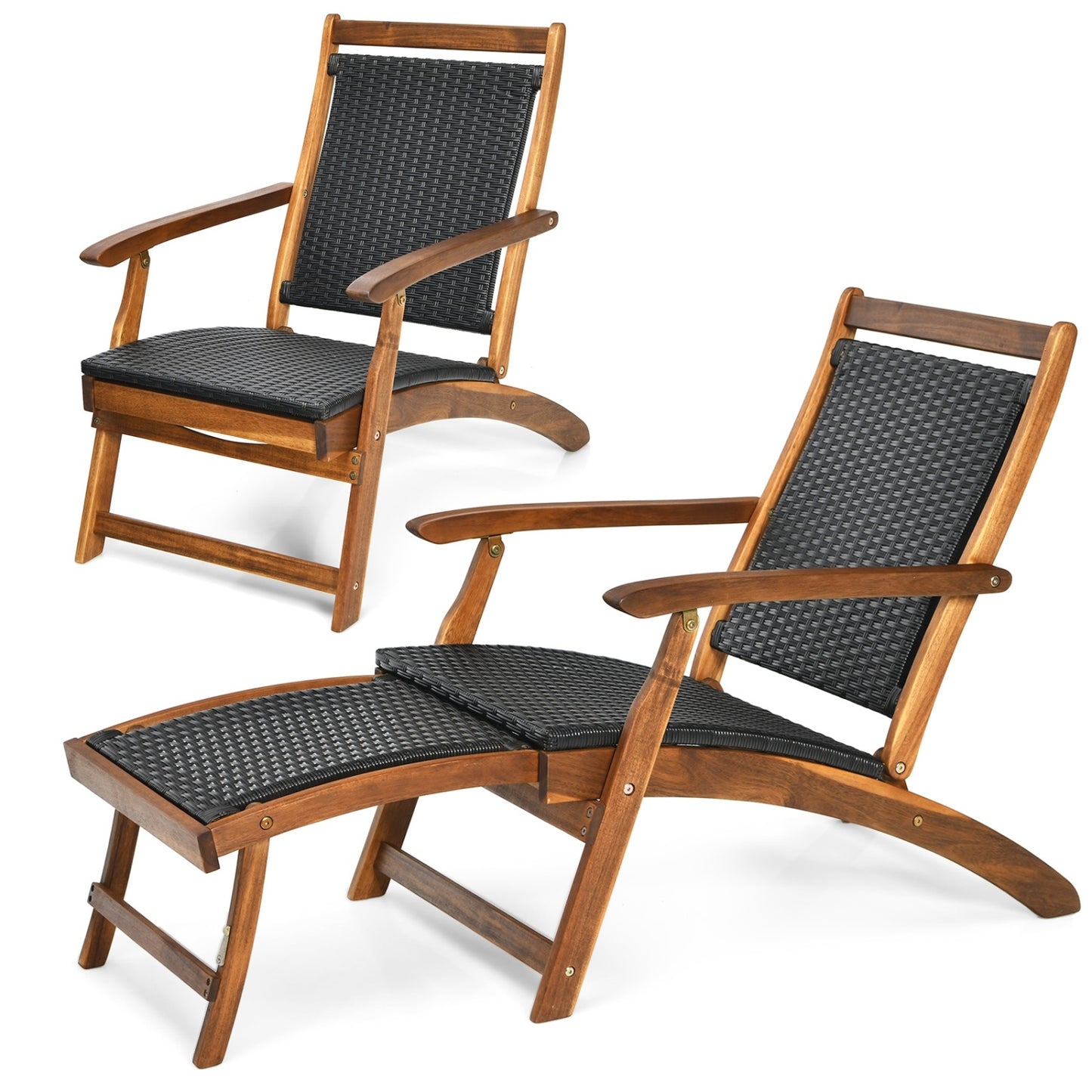 Folding Rattan Lounge Chair Set with Acacia Wood Frame
