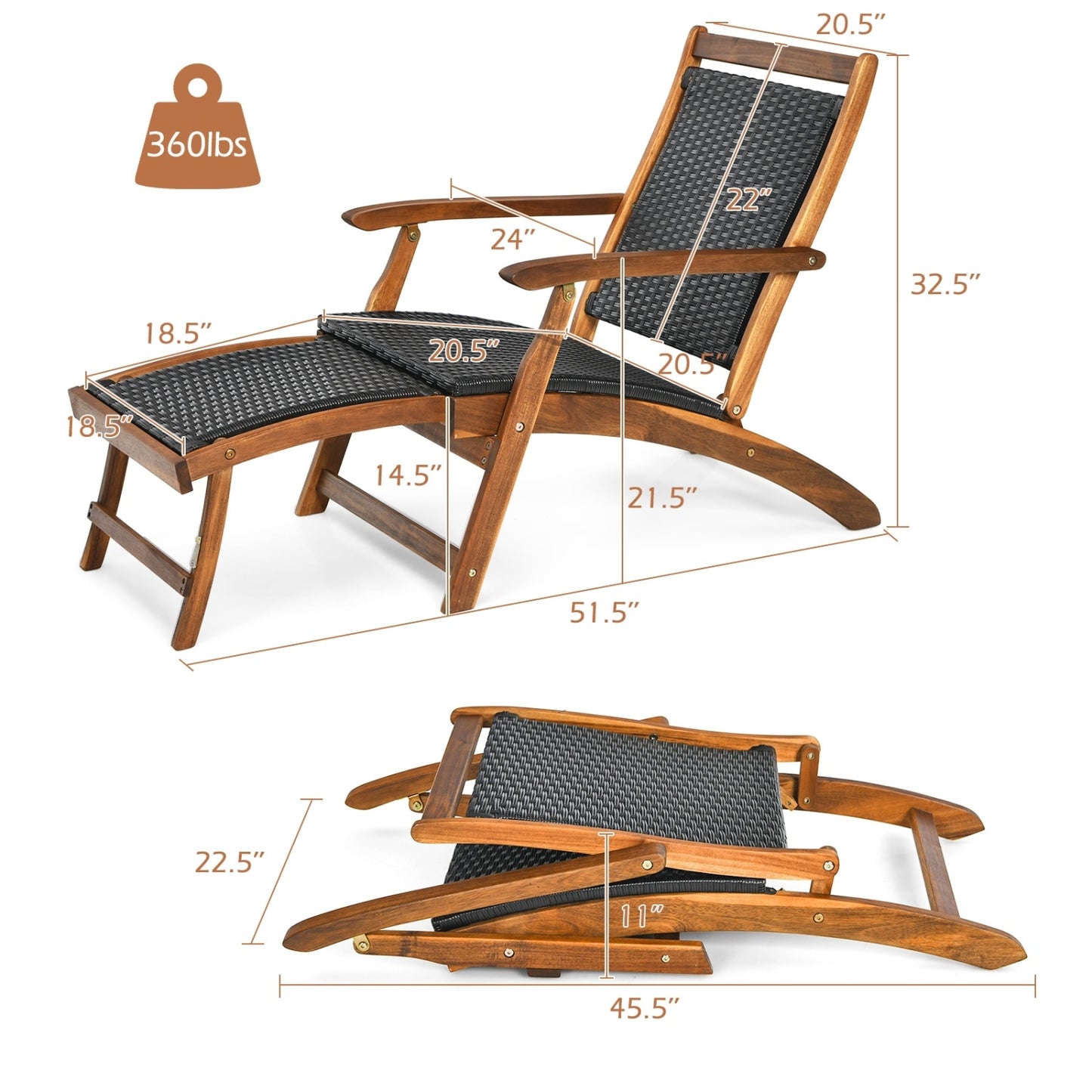 Folding Rattan Lounge Chair Set with Acacia Wood Frame