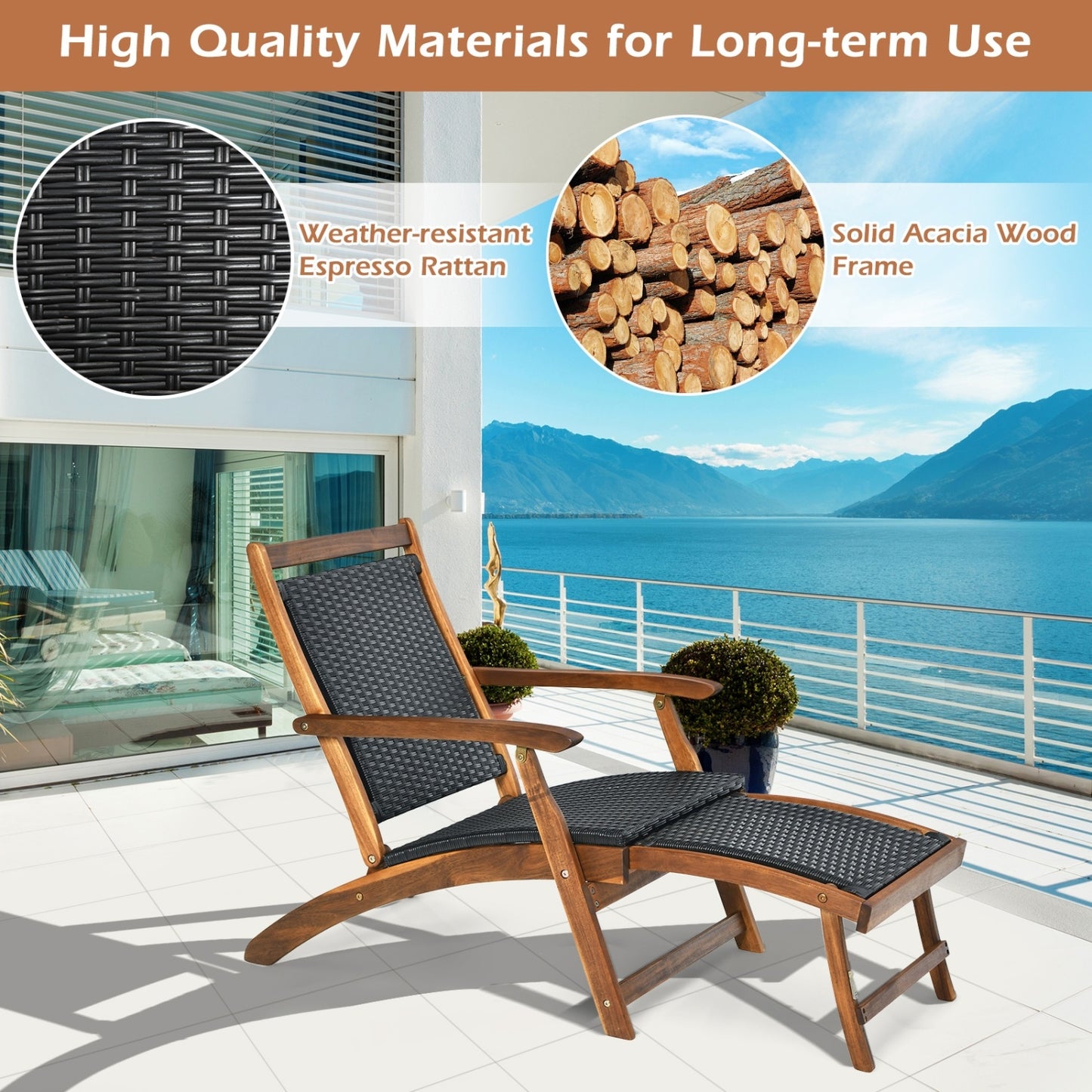 Folding Rattan Lounge Chair Set with Acacia Wood Frame