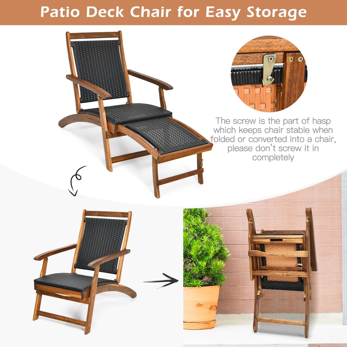 Folding Rattan Lounge Chair Set with Acacia Wood Frame