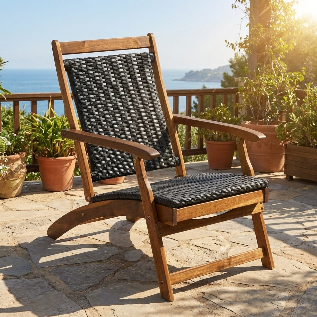 Folding Rattan Lounge Chair Set with Acacia Wood Frame