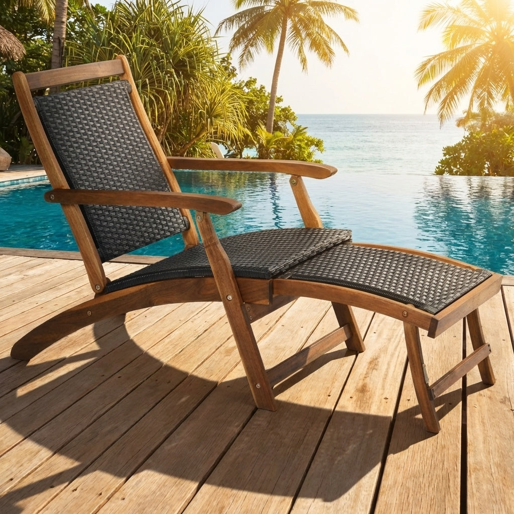 Folding Rattan Lounge Chair Set with Acacia Wood Frame