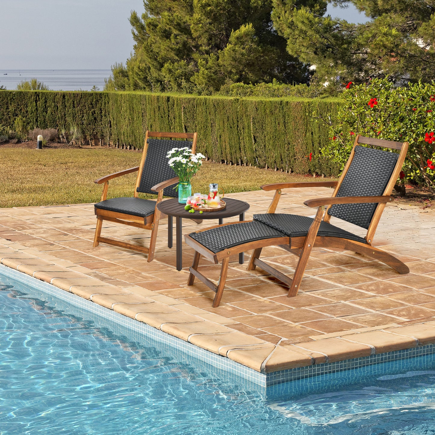 Folding Rattan Lounge Chair Set with Acacia Wood Frame