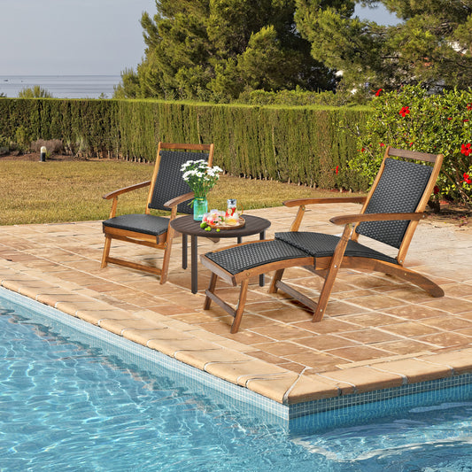 Folding Rattan Lounge Chair Set with Acacia Wood Frame