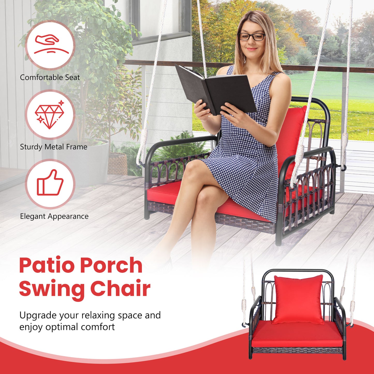 Rattan Porch Swing Chair with Cushion - 400 lb Capacity