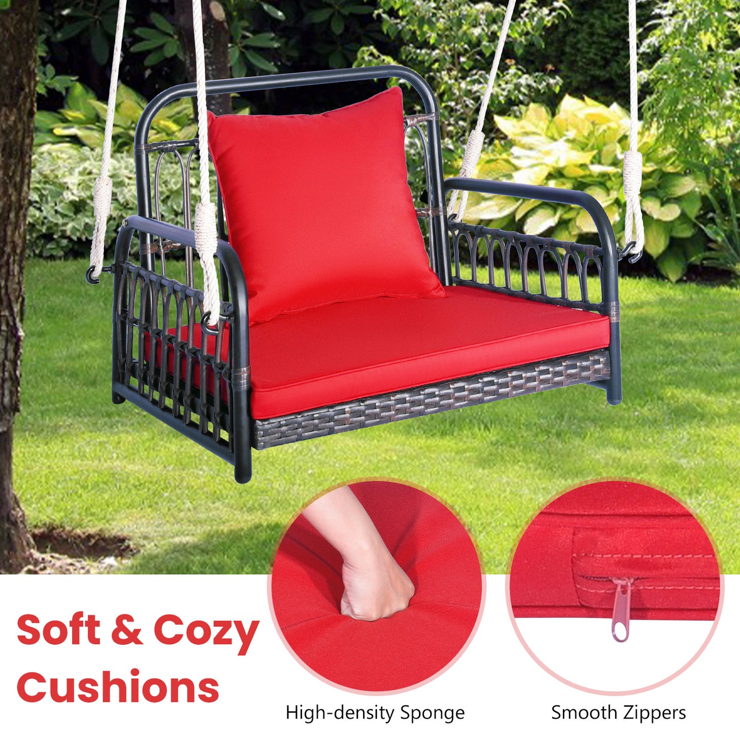 Rattan Porch Swing Chair with Cushion - 400 lb Capacity