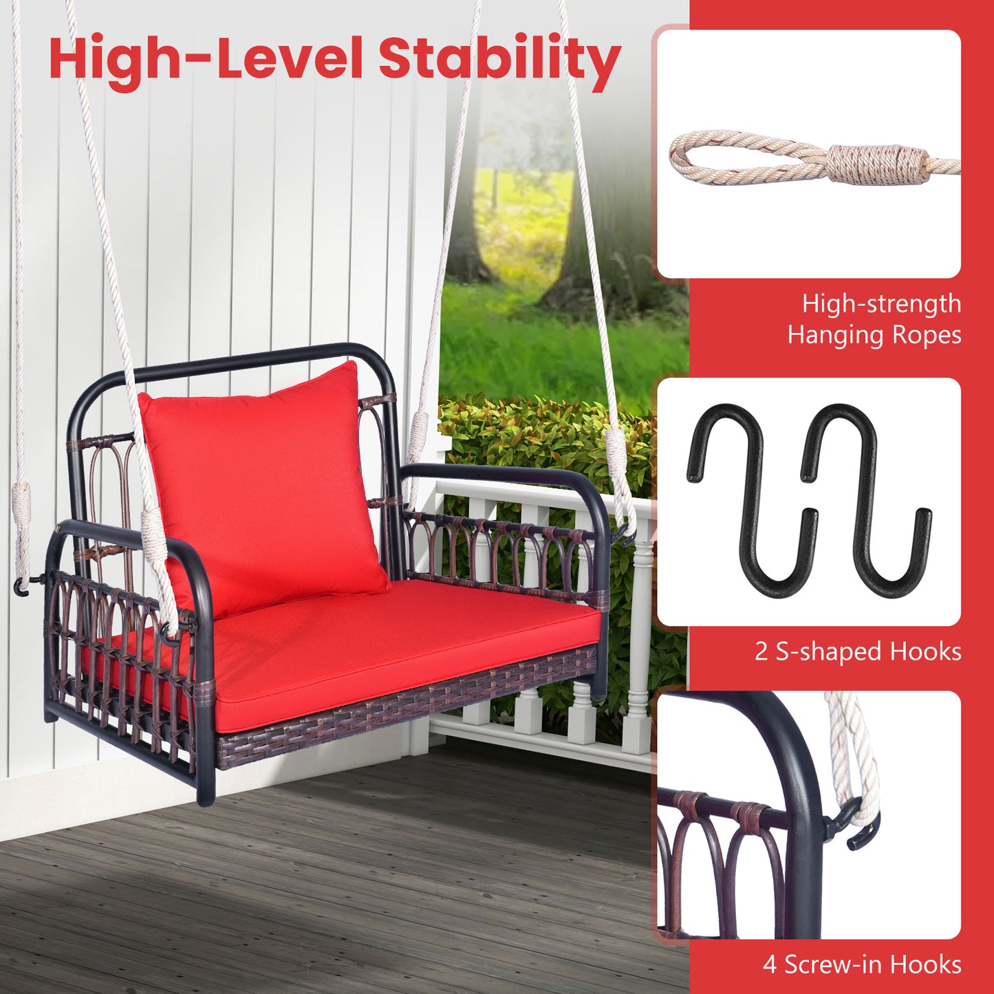 Rattan Porch Swing Chair with Cushion - 400 lb Capacity