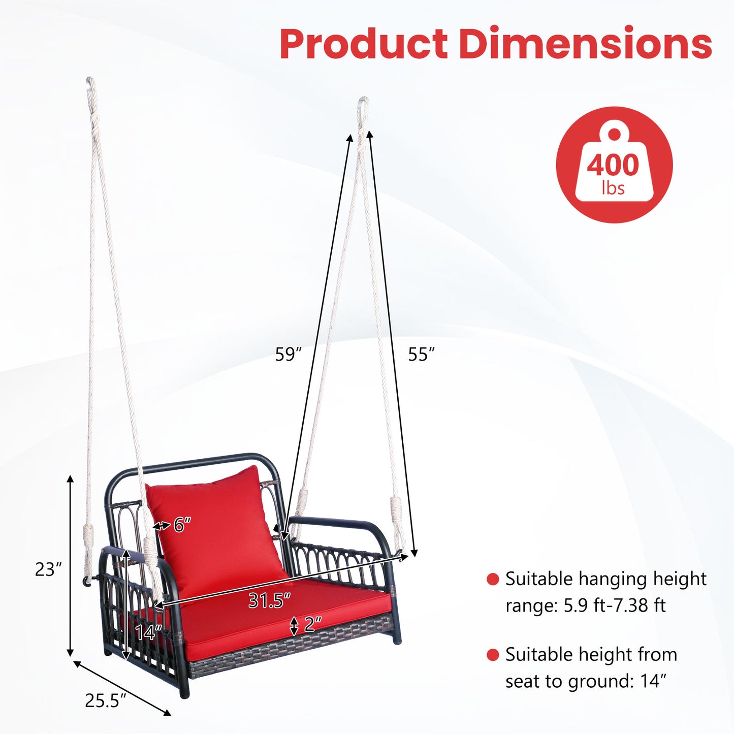 Rattan Porch Swing Chair with Cushion - 400 lb Capacity