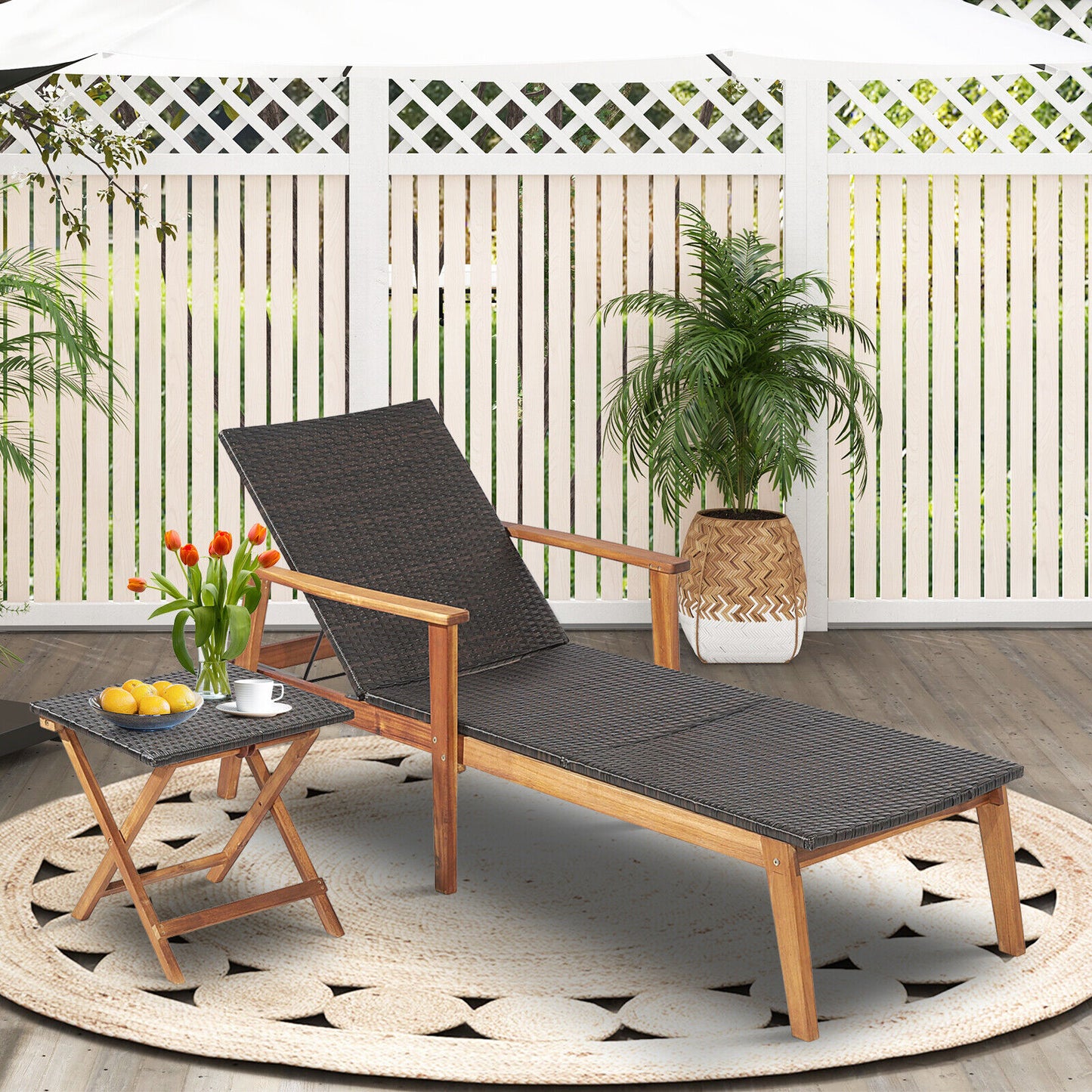 Adjustable Rattan Lounge Chair with Acacia Wood Frame