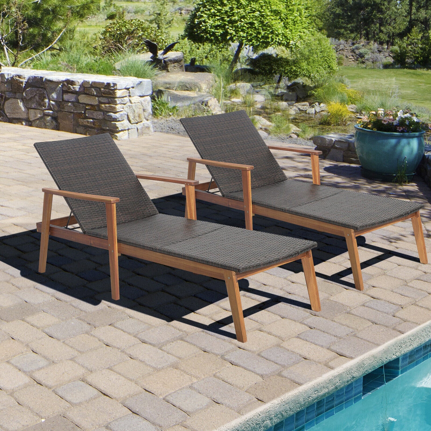 Adjustable Rattan Lounge Chair with Acacia Wood Frame