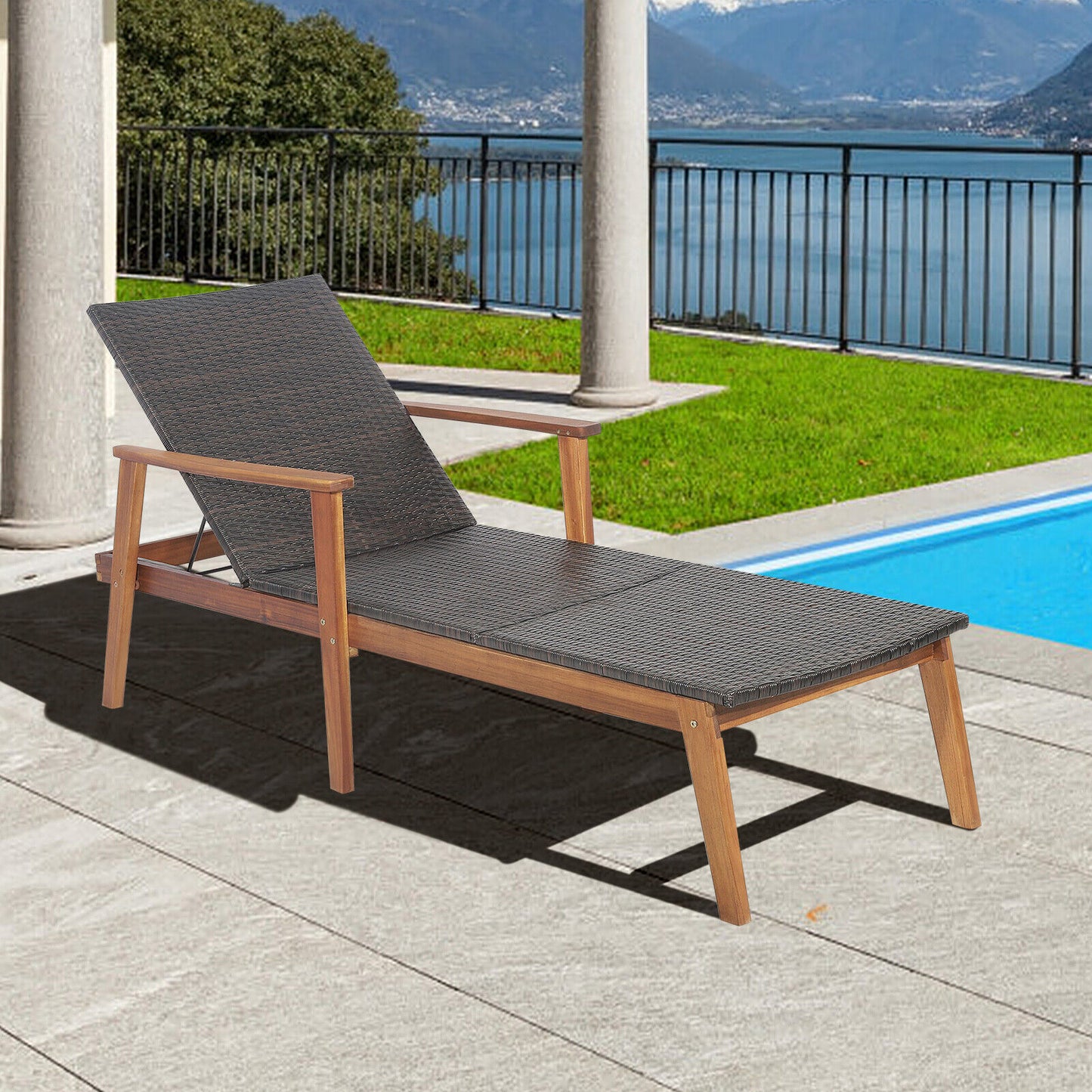Adjustable Rattan Lounge Chair with Acacia Wood Frame