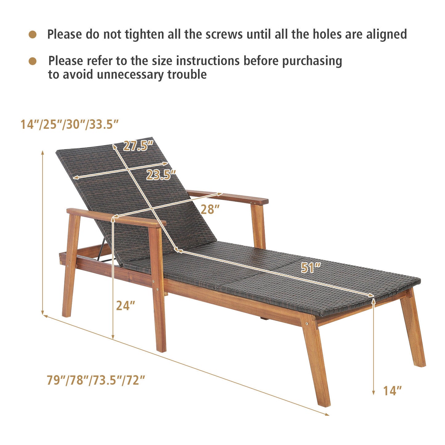 Adjustable Rattan Lounge Chair with Acacia Wood Frame